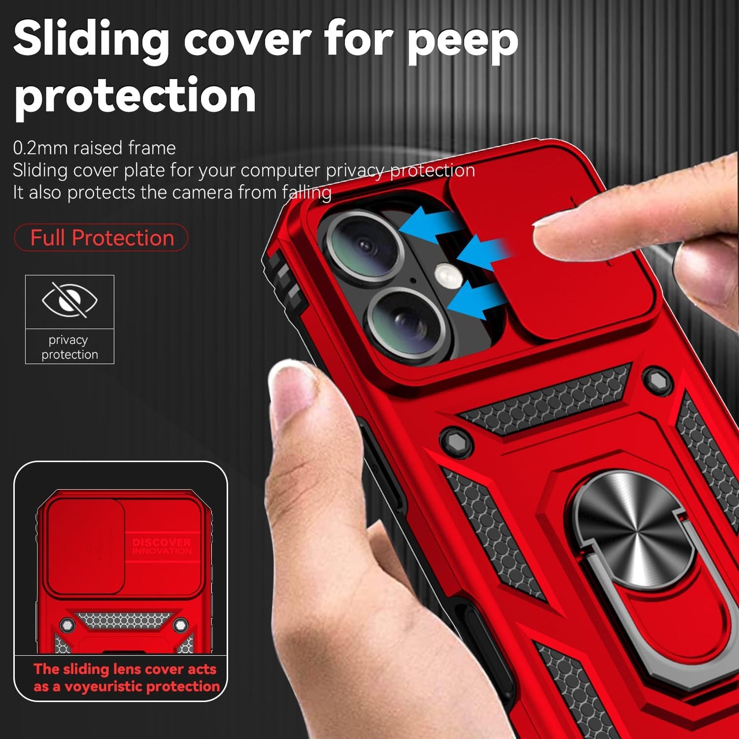 SunStory Phone Case for iPhone 16 6.1" with HD Screen Protector | Slide Camera Cover | Rotated Ring Kickstand | Military-Grade Protection | Red