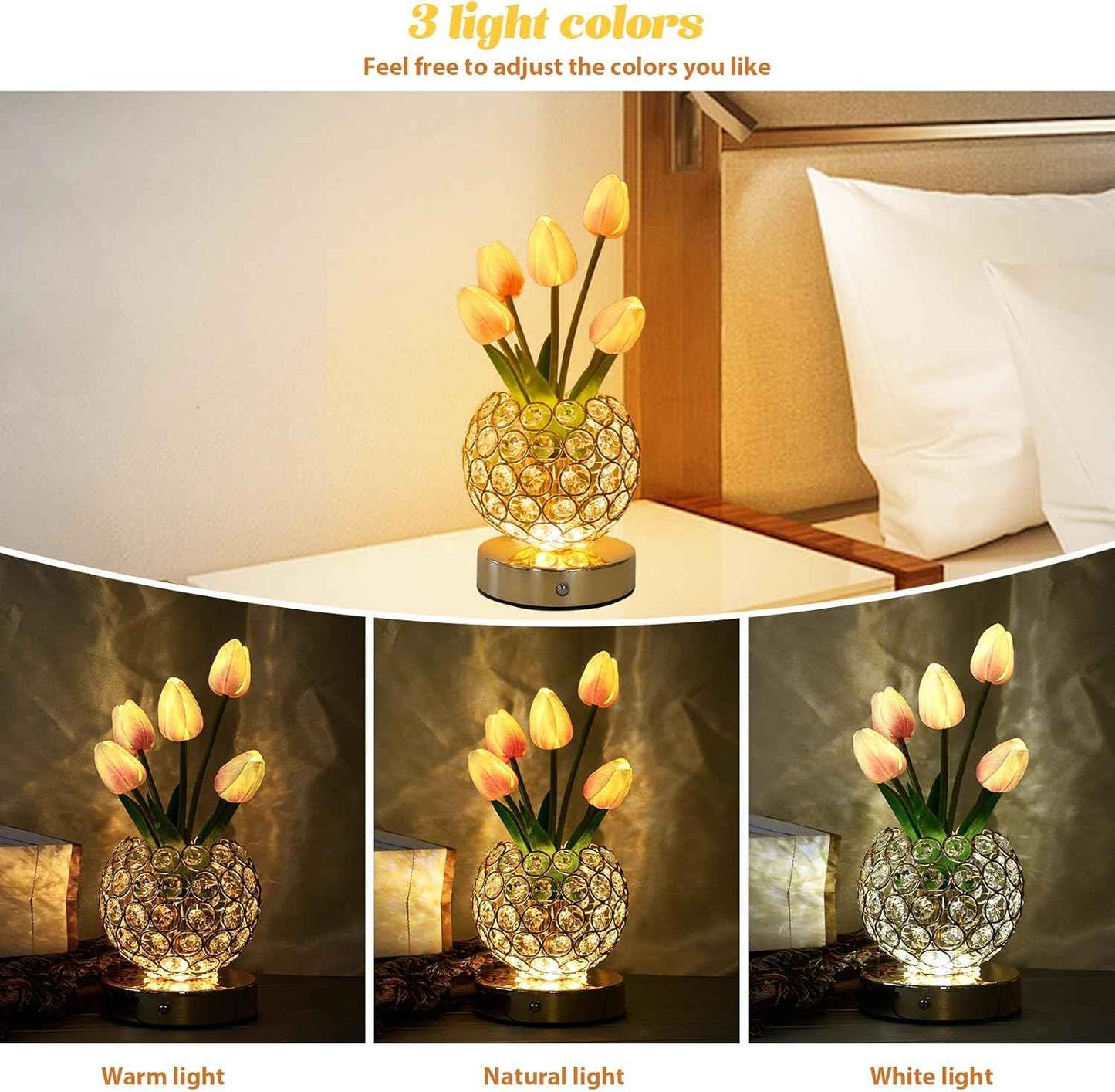 Tulip Crystal Flower Lamp Touch Lamp,Rechargeable Cordless Table Lamp, 3-Colour Infinitely Dimming Battery Powered Small Night Light,Gift for Mom for Valentine Day,Mothers Day,Xmas,Birthday (Pink)