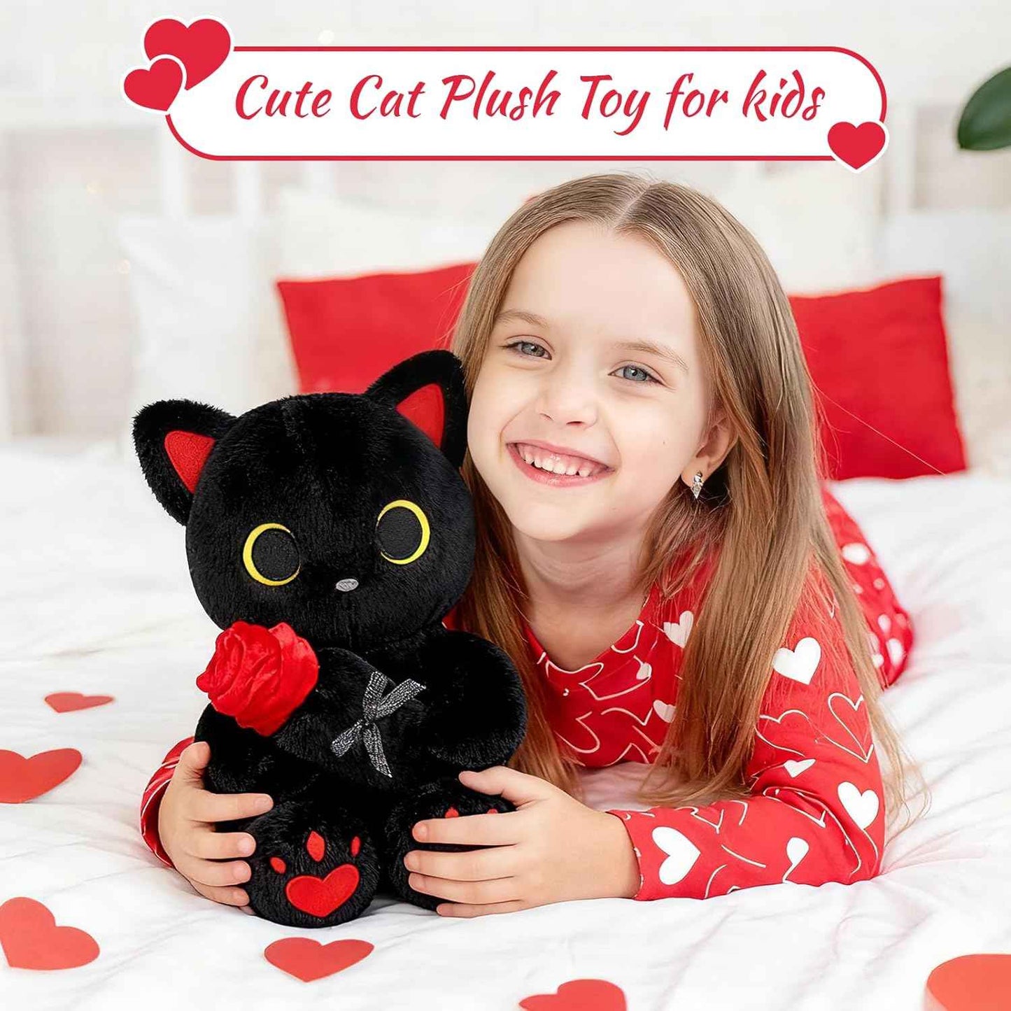 Black Cat Plush Holding Rose, 8 Inch Kawaii Valentines Plushies with Bow & Heart, Cute Plush Toy Soft Valentine's Day Gift for Her, Girlfriend, Wife, Kids
