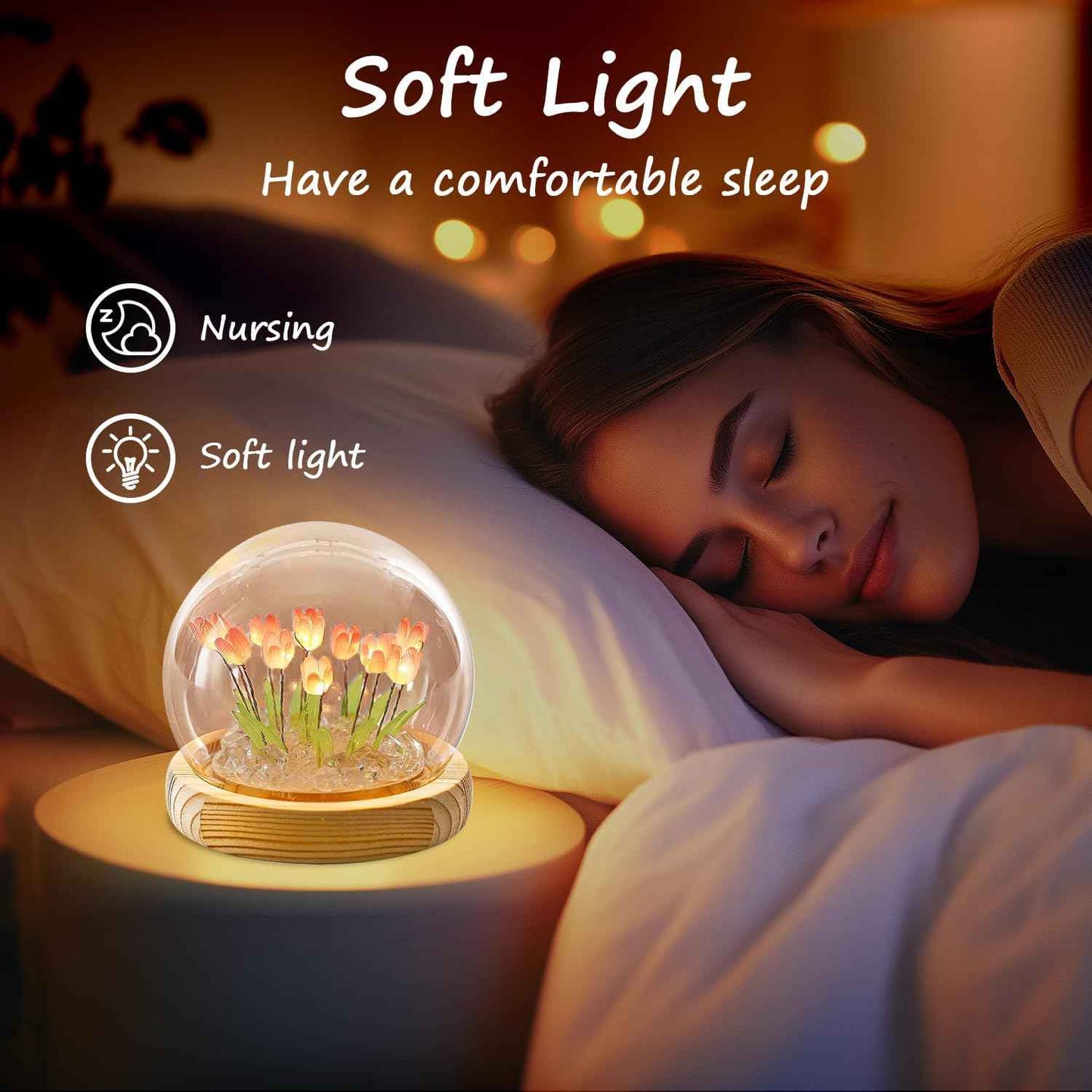 Valentine’s Day Gifts for Women – Tulip Lamp with Glass Dome, Birthday Gift for Girlfriend, Wife, Mom, Battery Operated LED Flower Night Light for Bedroom, Home and Table Decor