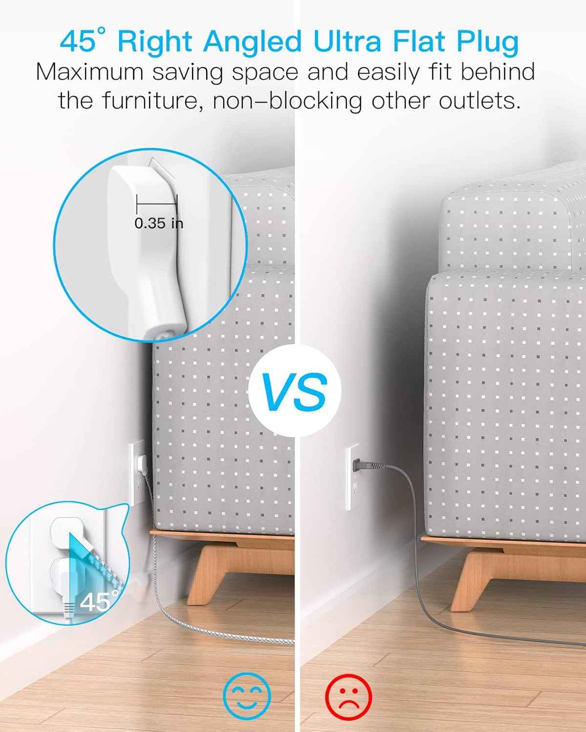 Flat Plug Power Strip, 5ft Ultra Flat Extension Cord - 3 Outlets 4 USB Ports (2 USB C) 22.5W/4.5A Desktop Charging Station, No Surge Protection for Cruise Ship, Dorm Room Travel Essentials