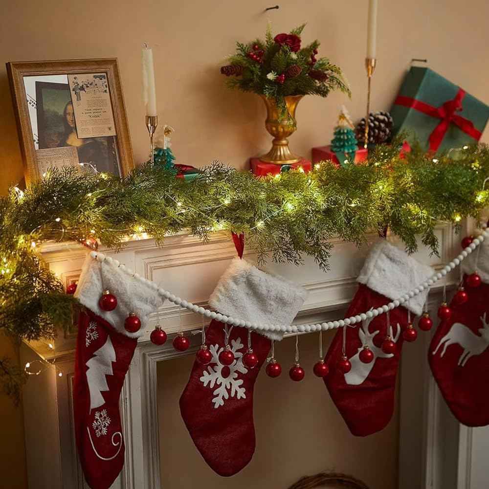 6FT Christmas Garland PARTY JOY Cedar Garland with 9.8FT LED String Lights, Greenery Plant for Christmas Decorations Table Mantle Background Wall Room Outdoor Indoor Winter Decoration