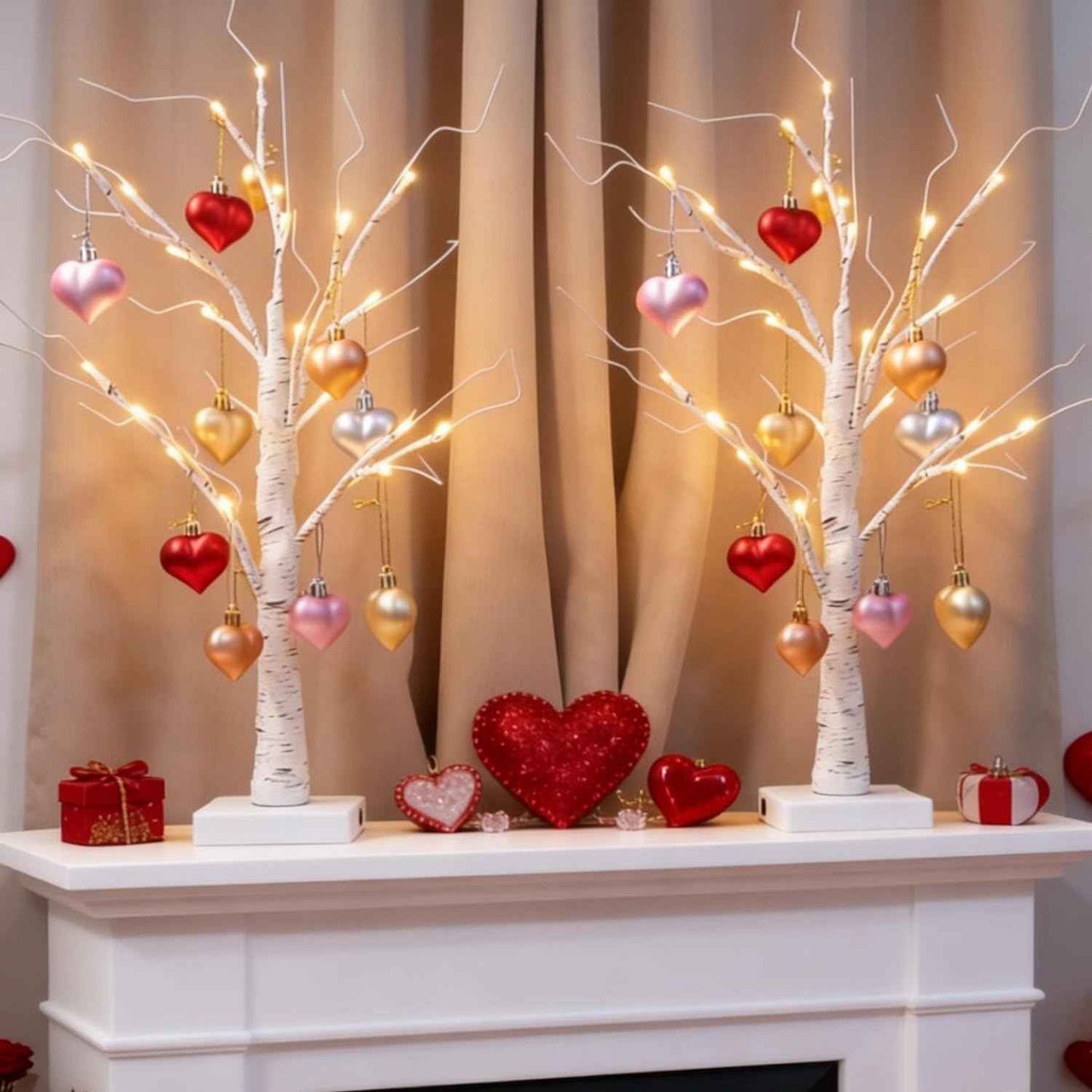 2Pack Valentines Day Decor Lighted Birch Tree with Heart-Shaped Ornaments,USB&Battery Operated Light Up Artificial Tree for Home Indoor Party Valentines Day Decorations (Red + Pink)
