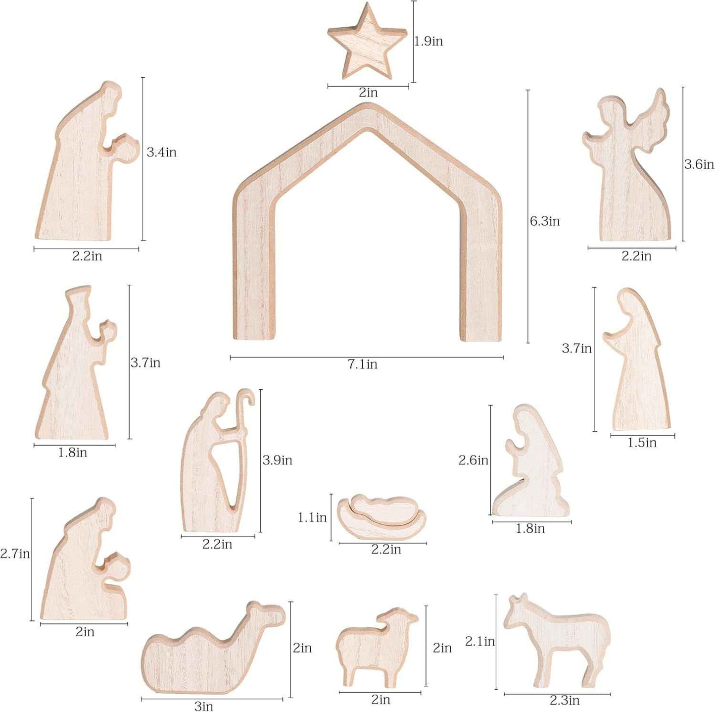 NEROSUN Nativity Scene Set, 13Pcs Wooden Christmas Nativity Scene Miniature Holy Family Figurines, Minimalism Boho Tabletop Christmas Manger Decorations for Indoor Home Mantel Display