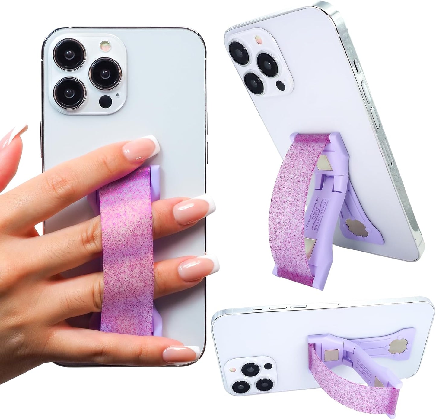 LOVEHANDLE PRO Premium Phone Grip - Silicone Phone Strap - Magnetic Phone Mount and Kickstand for Smartphone and Tablet - Natural Glow Silicone