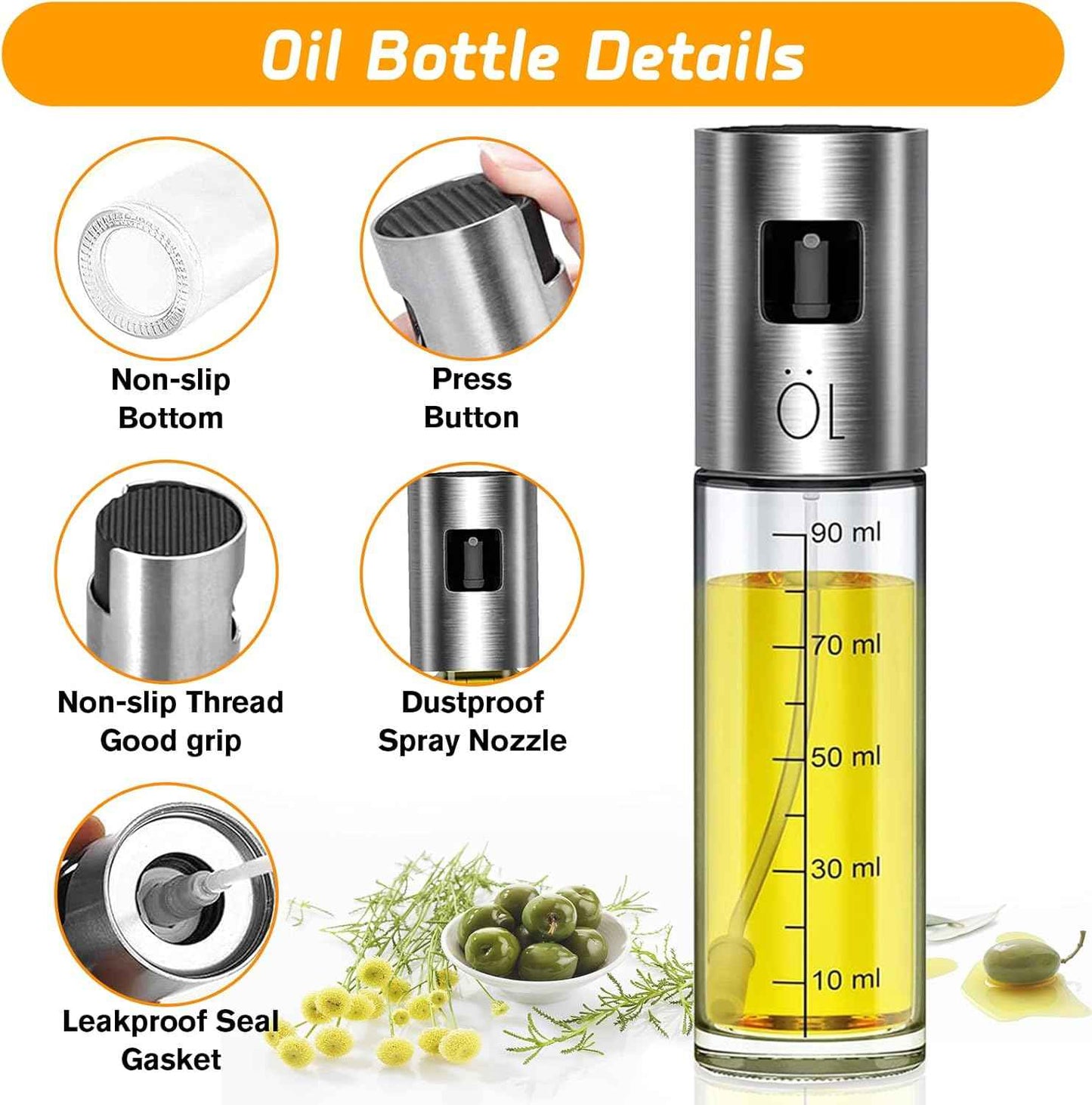 Oil Sprayer for Cooking, 3.38oz/ 100ml Olive Oil Spray Bottle for Kitchen Glass Bottles for Cooking/Salad/Barbecue