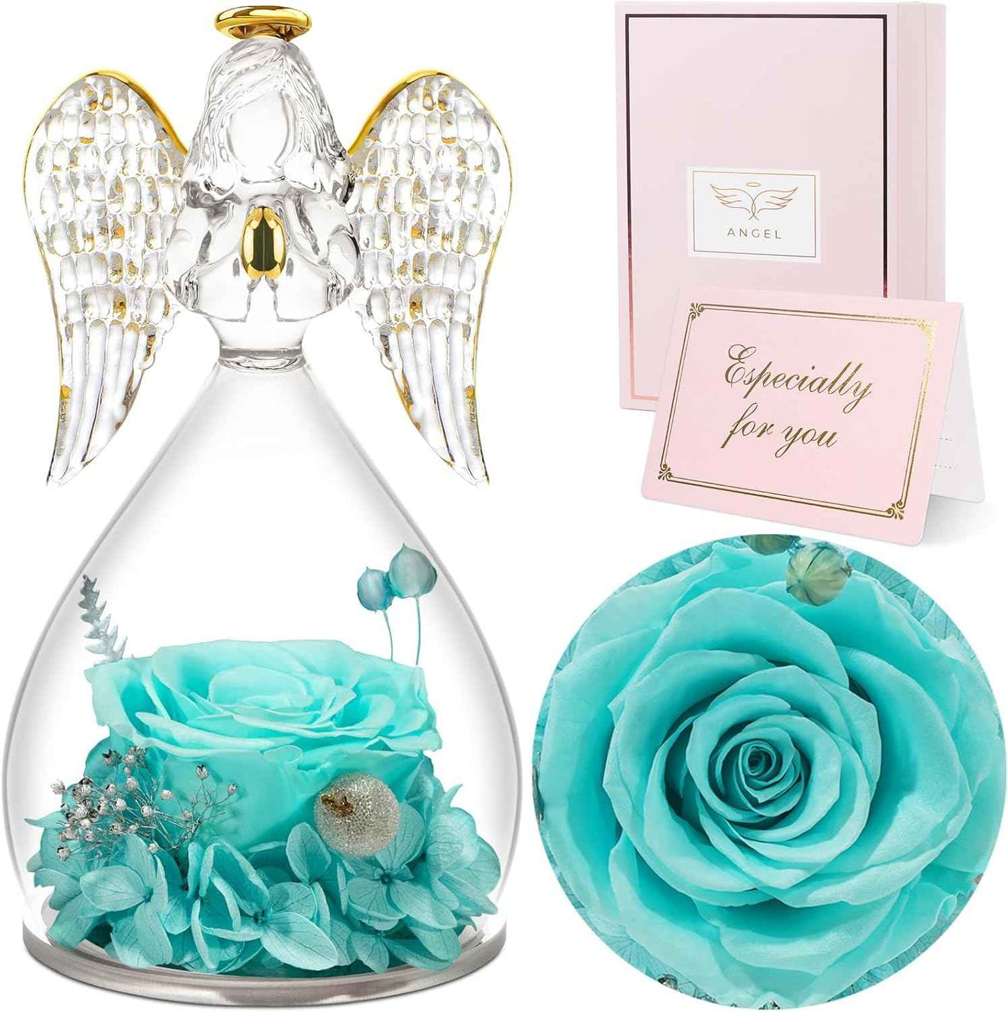 Sunia Valentines Day Rose Gifts for Women, Birthday Gifts for Mom Grandma, Forever Preserved Flower in Glass Angel Figurines Flowers for Delivery Prime, Mothers Day Real Roses for Her Wife