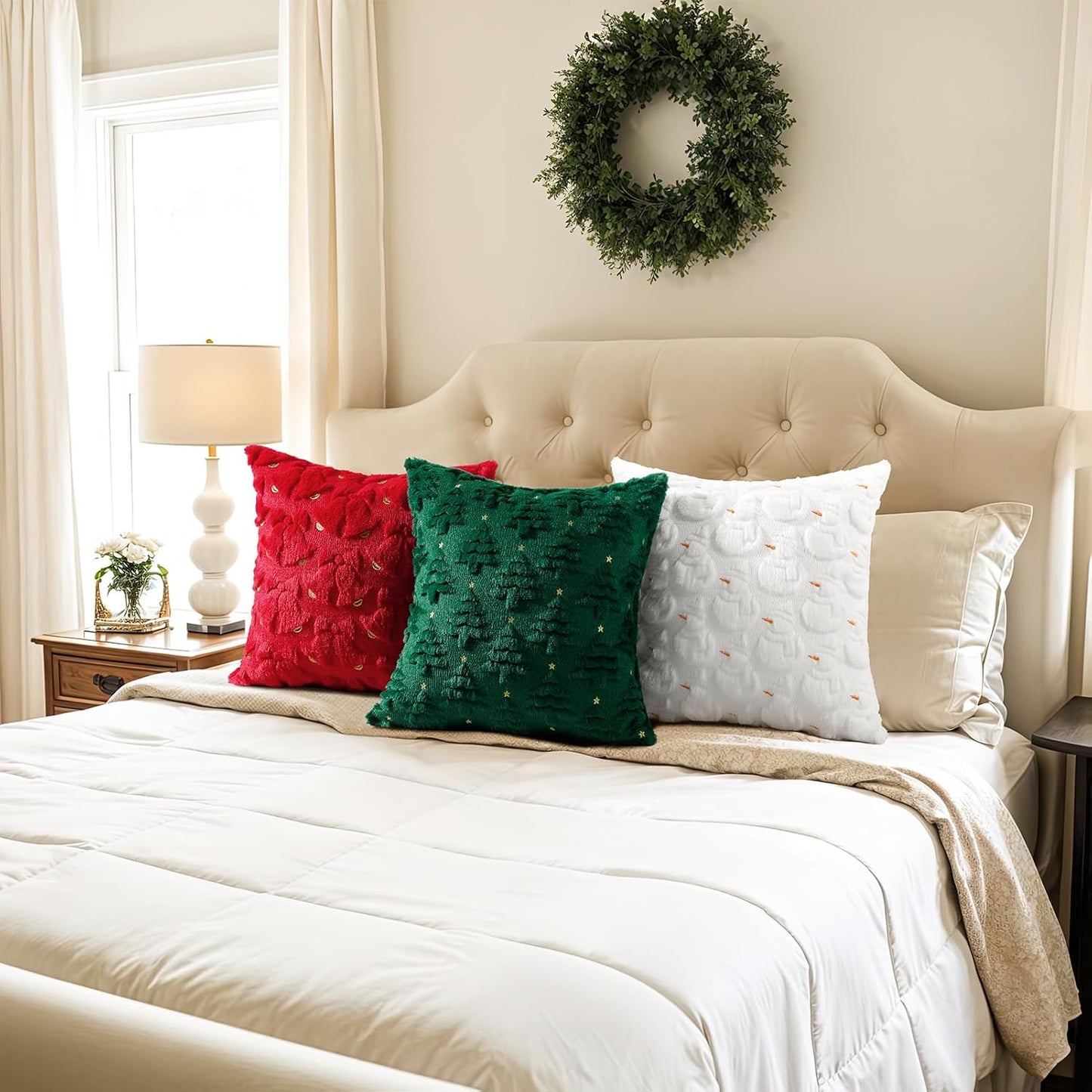 Softalker Christmas Throw Pillow Covers 18 x 18 Inch Set of 2, Xmas Winter Christmas Tree Faux Fur Cushion Covers, 3D Embroidered Pillow Cases for Couch Bedroom Living Room Decor, Green