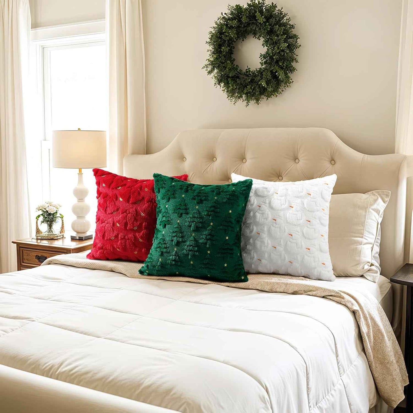 Softalker Christmas Throw Pillow Covers 18 x 18 Inch Set of 2, Xmas Winter Christmas Tree Faux Fur Cushion Covers, 3D Embroidered Pillow Cases for Couch Bedroom Living Room Decor, Green