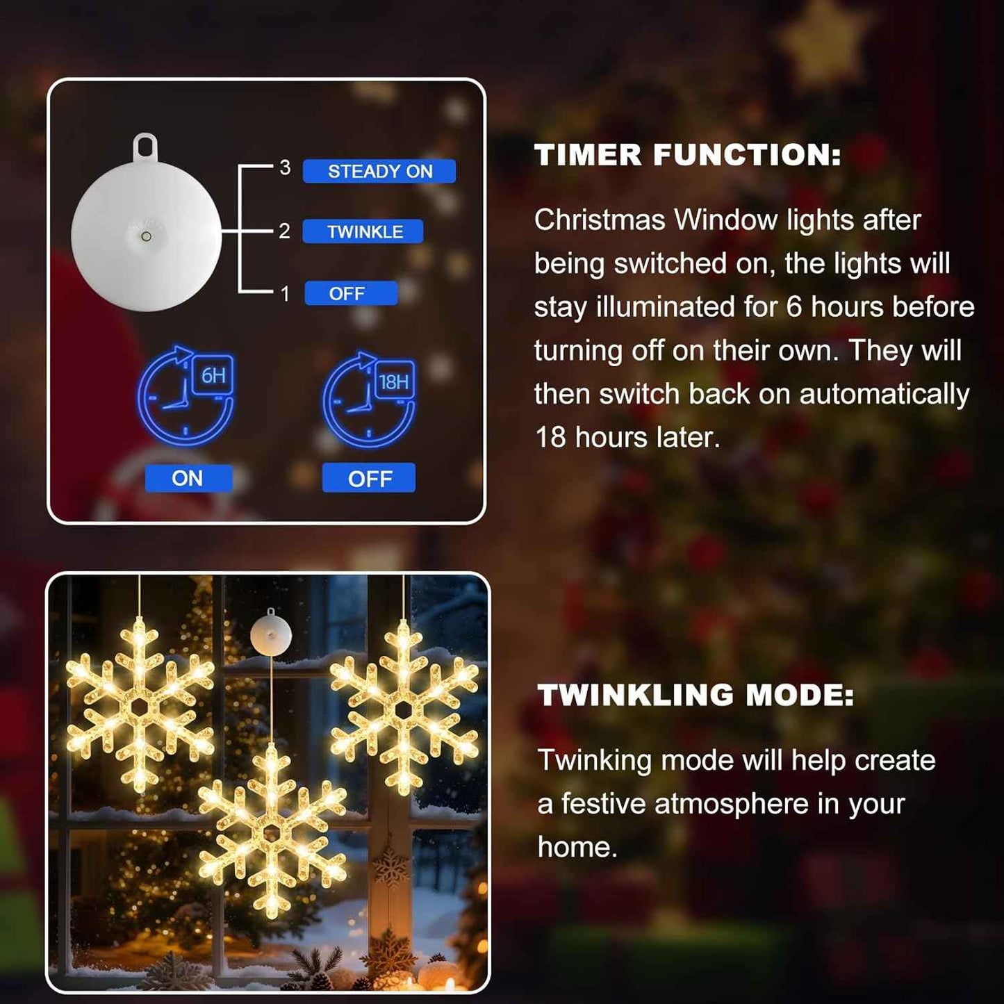 3Pack Christmas Window Lights Decorations with Timer,Battery Powered Christmas Hanging Warm White Lighted Snowflake Shaped LED Sucker for 2026 Xmas Tree Fireplace Indoor Decor