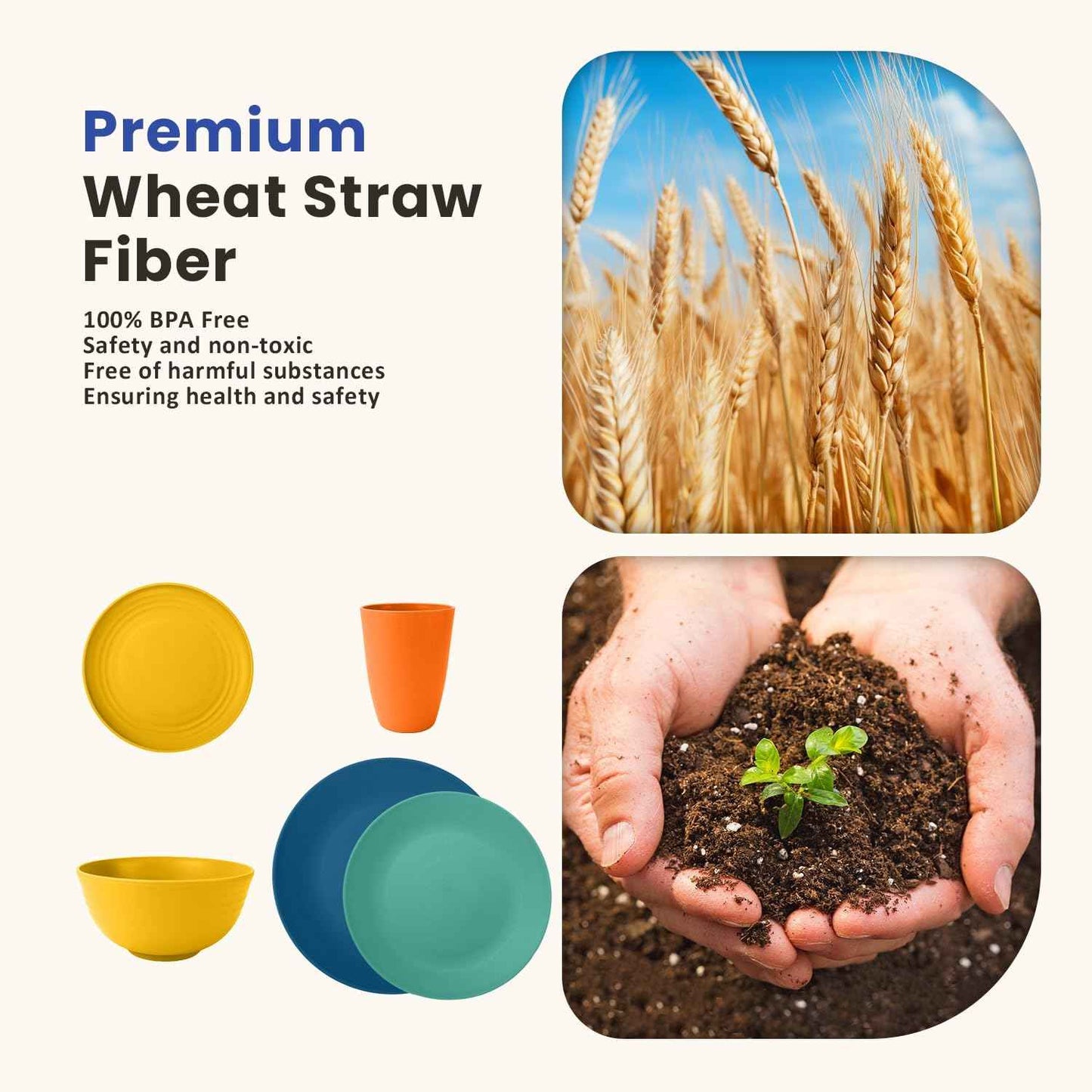 Homienly 40-Piece Premium Wheat Straw Dinnerware Sets, Service for 8, Unbreakable Plates and Bowls Set - Cups Sets, Dinner Plates, Bowls for Kitchen,Dishwasher and Microwave Safe Dishes Set - Multi