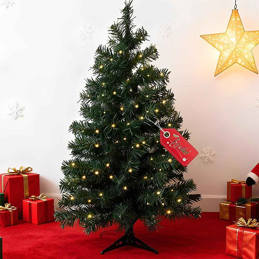 3ft Pre-Lit Artificial Holiday Christmas Spruce Tree for Home, Office, Party Decoration 100-Branch&50 Warm White Lights Tips, Easy Assembly, Metal Hinges & Foldable Base