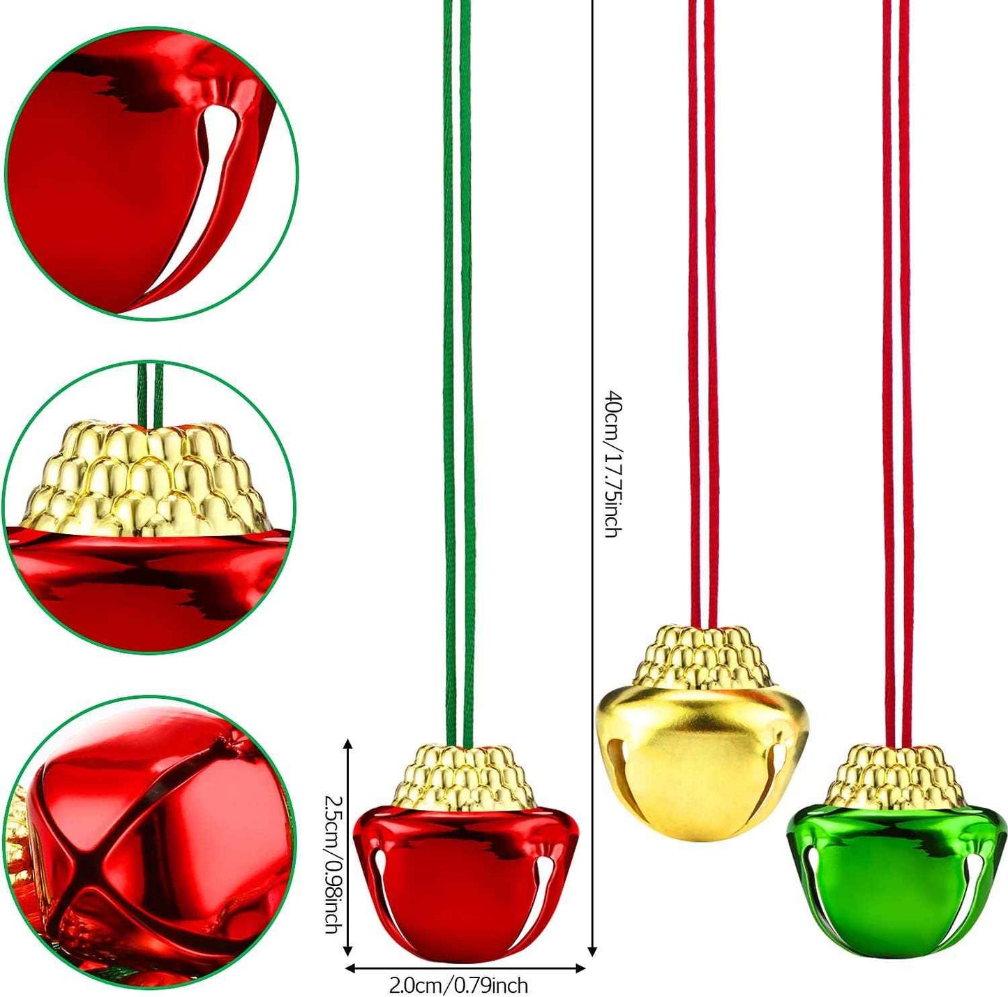 Sumind Christmas Bell Necklaces Christmas Holiday Gold Green Red Xmas Jingle Necklaces Bell with Ribbons for Craft Gift Supplies Stocking Stuffers Accessories (72 Pieces)