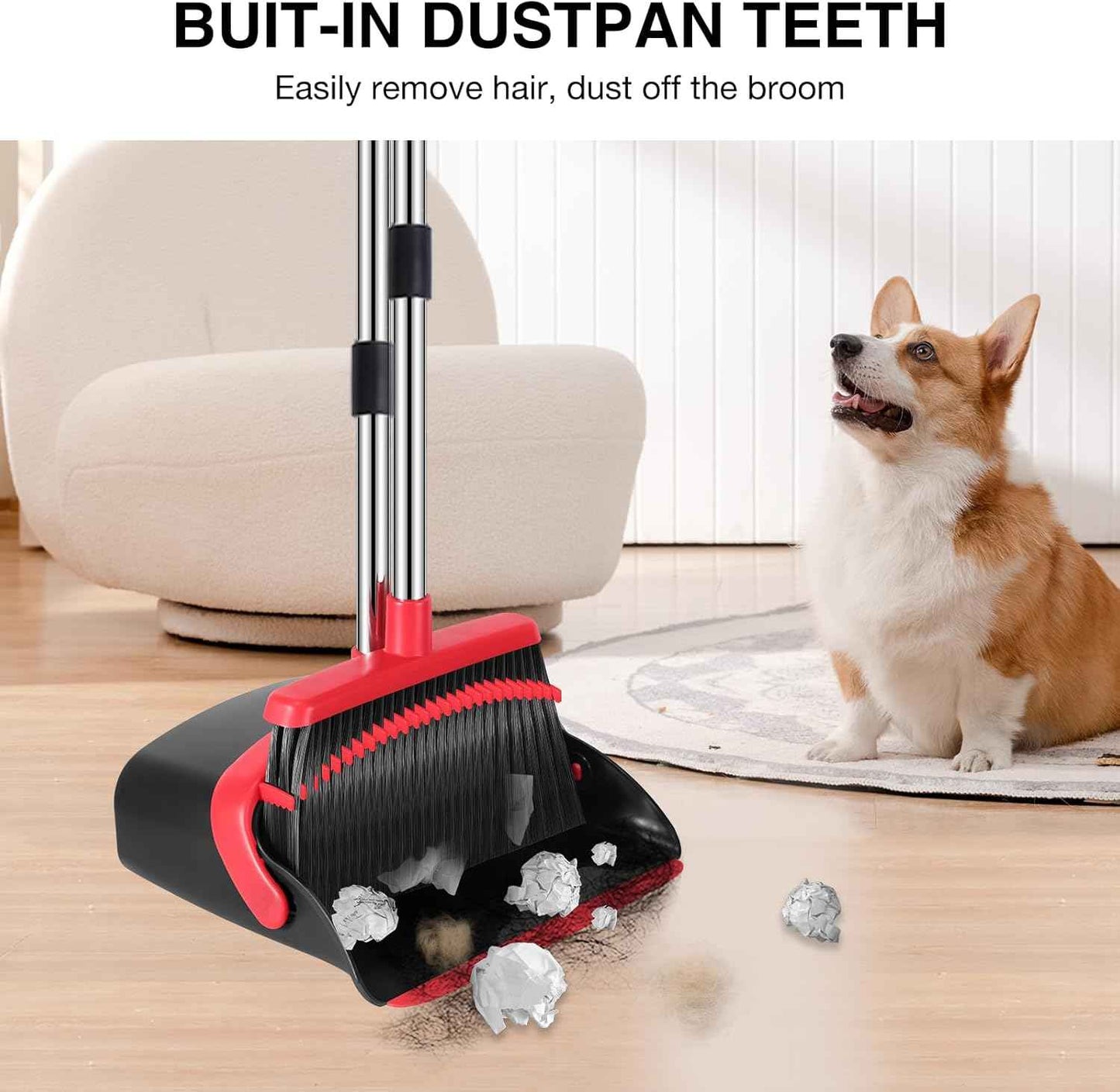 NACENA Broom and Dustpan Set, 52-in Long Adjustable Handle Broom Dustpan Combo with Dustpan Teeth to Automatically Clean Hair Suitable for Home Kitchen Office Hall FloorοΌBlack&RedοΌ