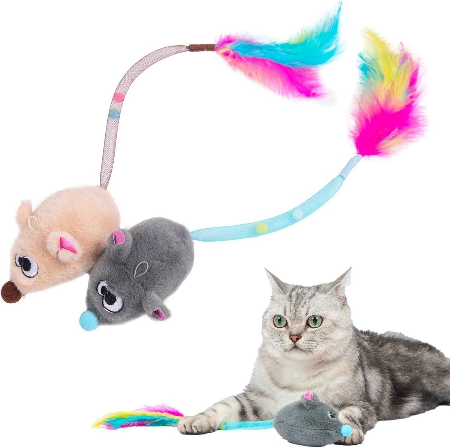 Catify by Best Pet Supplies Interactive Cat Toys – Plush, Motion-Activated & Squeaking Toys with Premium North American Catnip for Indoor Cats & Kittens - Squeaking Mice Set, Beige & Gray