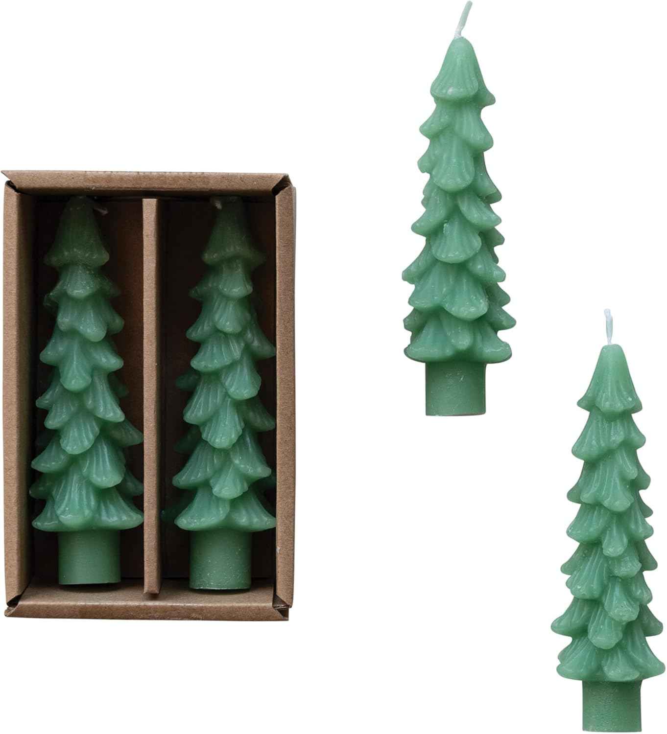 Creative Co-Op Unscented Tree Shaped Taper Candles, Evergreen, Boxed Set Of 2