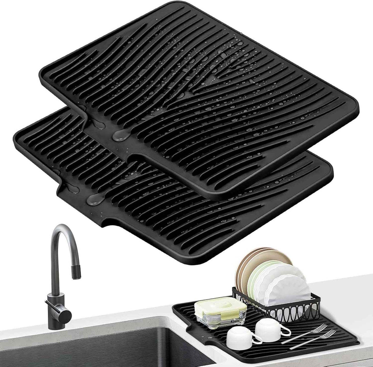 Silicone Dish Drying Mat for Kitchen Counter, Dish Drying Pad, Non-Slip Drain Pad with Built-in Drain, Heat Resistant Stone Drying Mat(15.8" x 13", Grey)