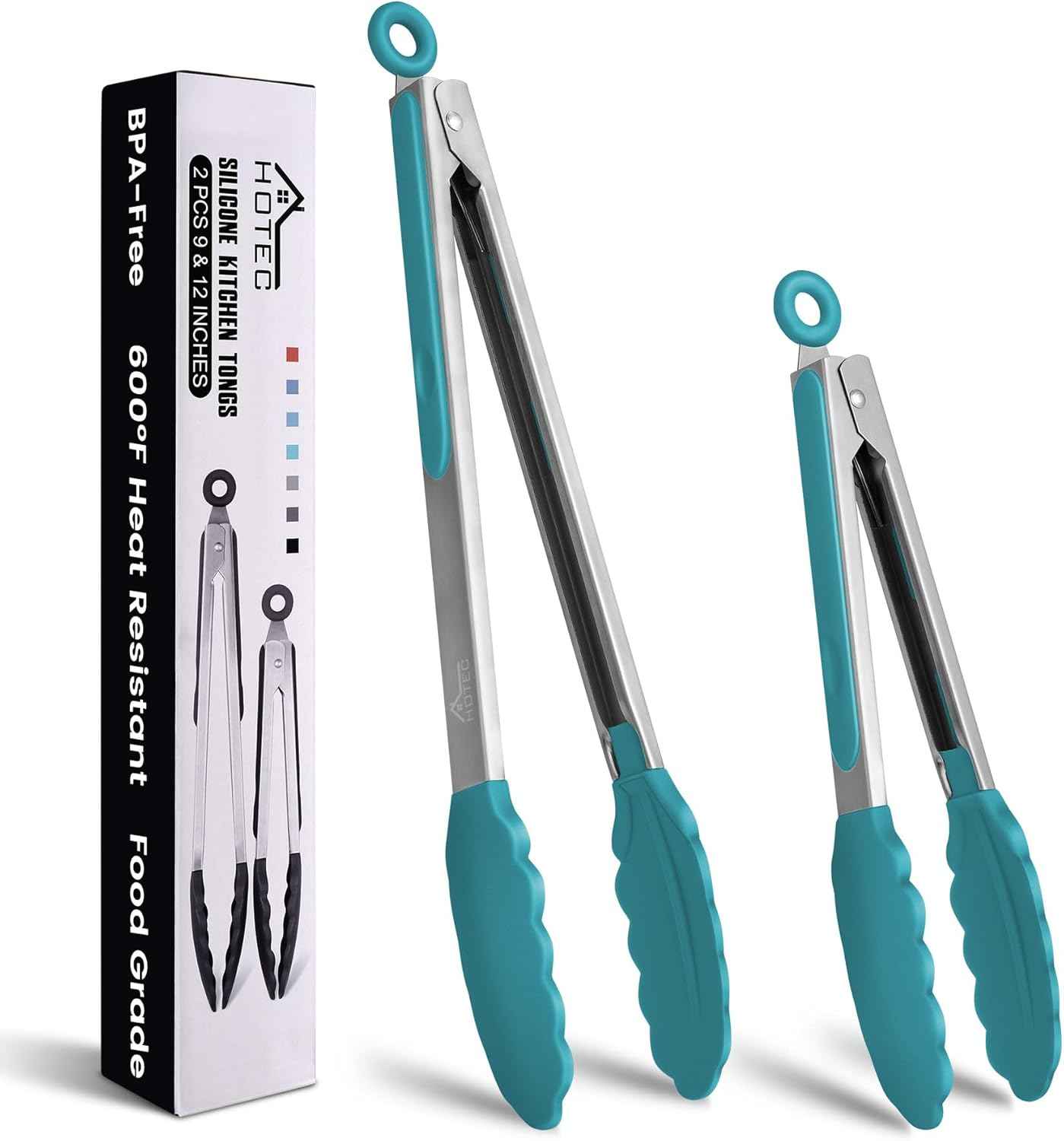 HOTEC Premium 7 & 9 Inch Kitchen Tongs, Stainless Steel Locking Cooking Tongs with Silicone Tips, Non-Scratch & Heat Resistant, Serving Tongs for Salad, BBQ, Classic Blue, Set of 2