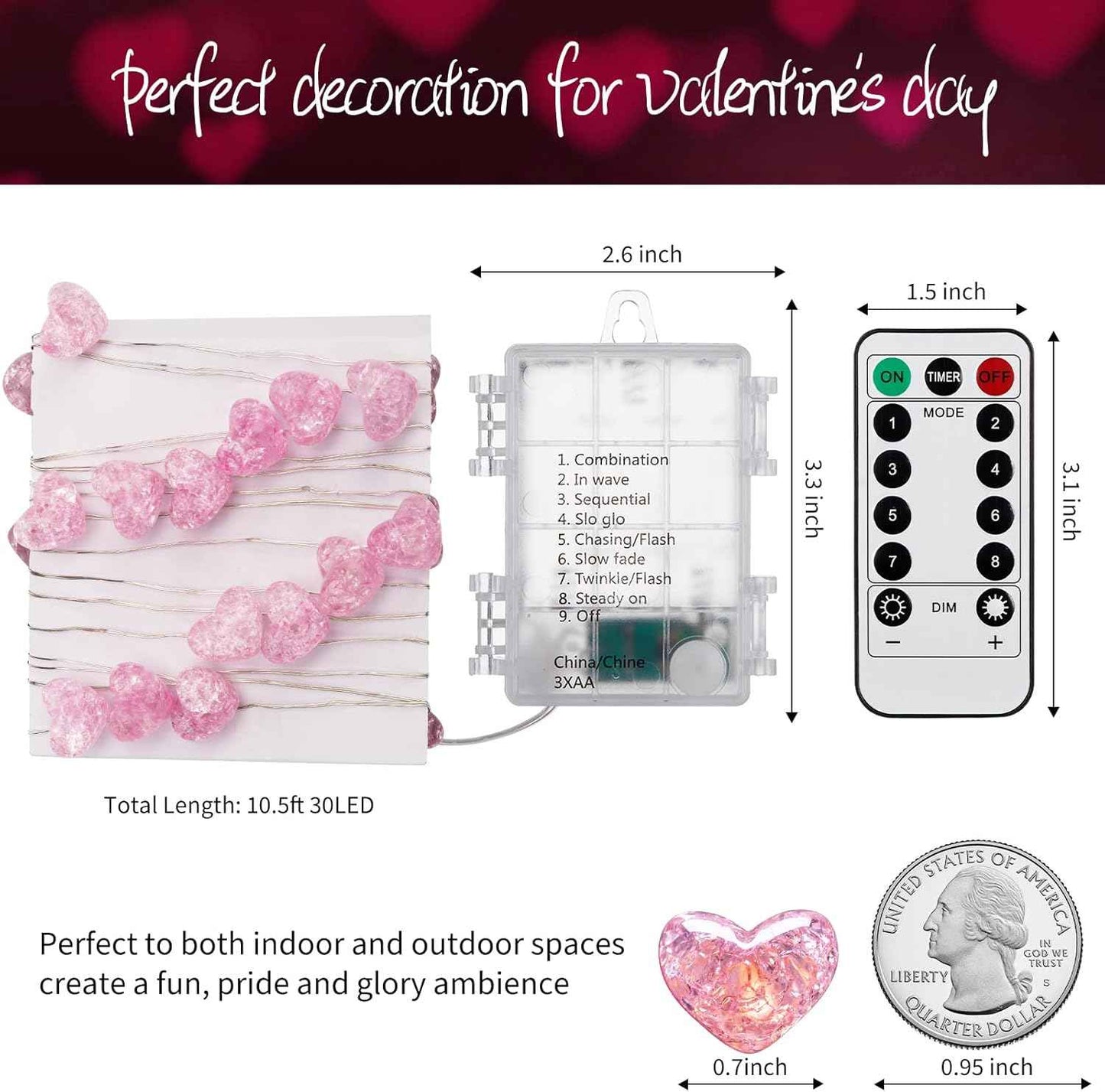 Valentine’s Day Fairy String Lights - 10.5 ft 30 LED Pink Heart Battery Operated Fairy Lights with Timer and Remote, Twinkle Heart Lights for Wedding DIY Indoor Christmas Gift Valentine's Day