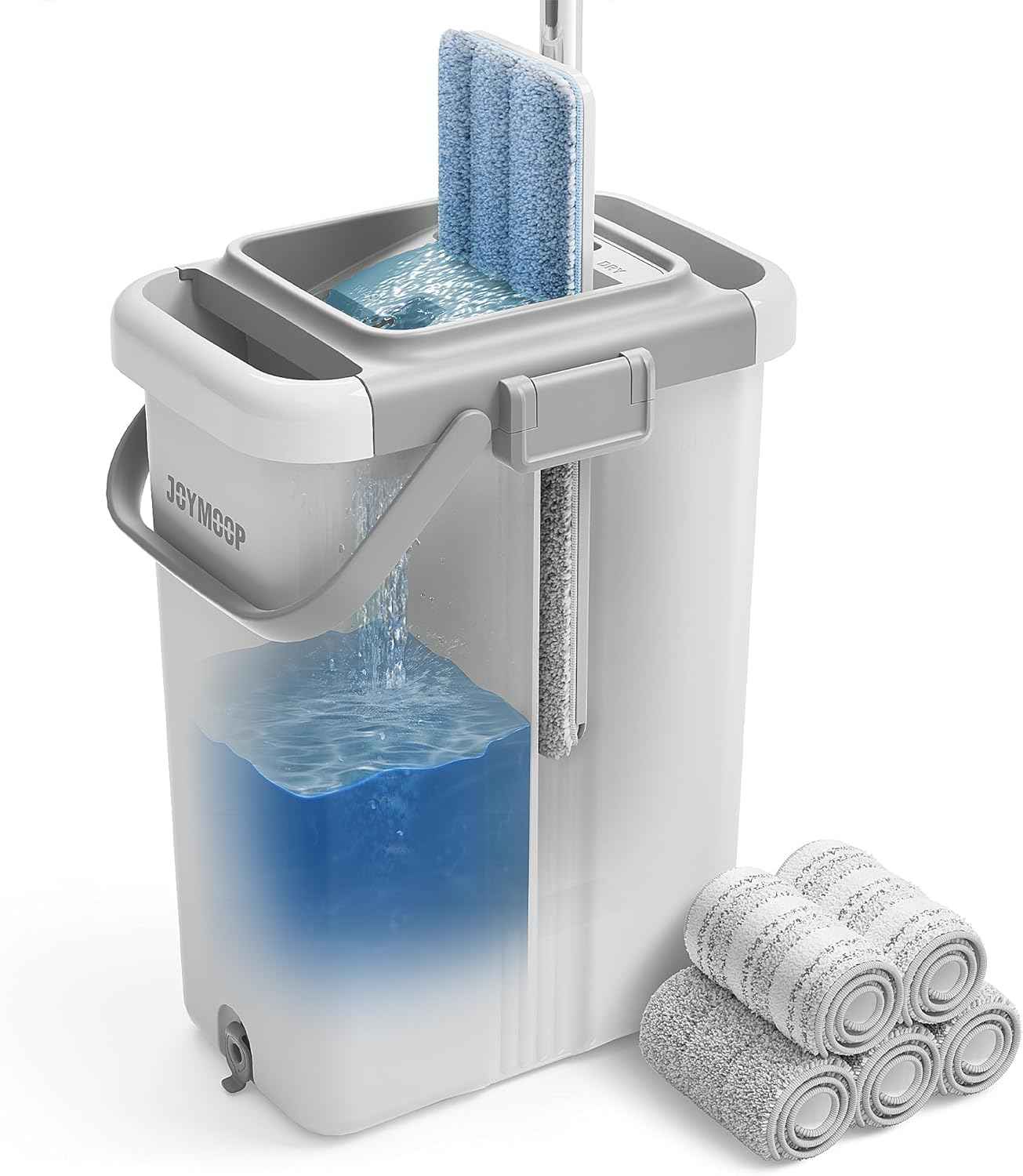 JOYMOOP Mop and Bucket Set with Wringer, Flat Mops for Floor Cleaning, Wall Mop Cleaner with Long Handle, Hardwood Floor Mop with 4 Microfiber Pads