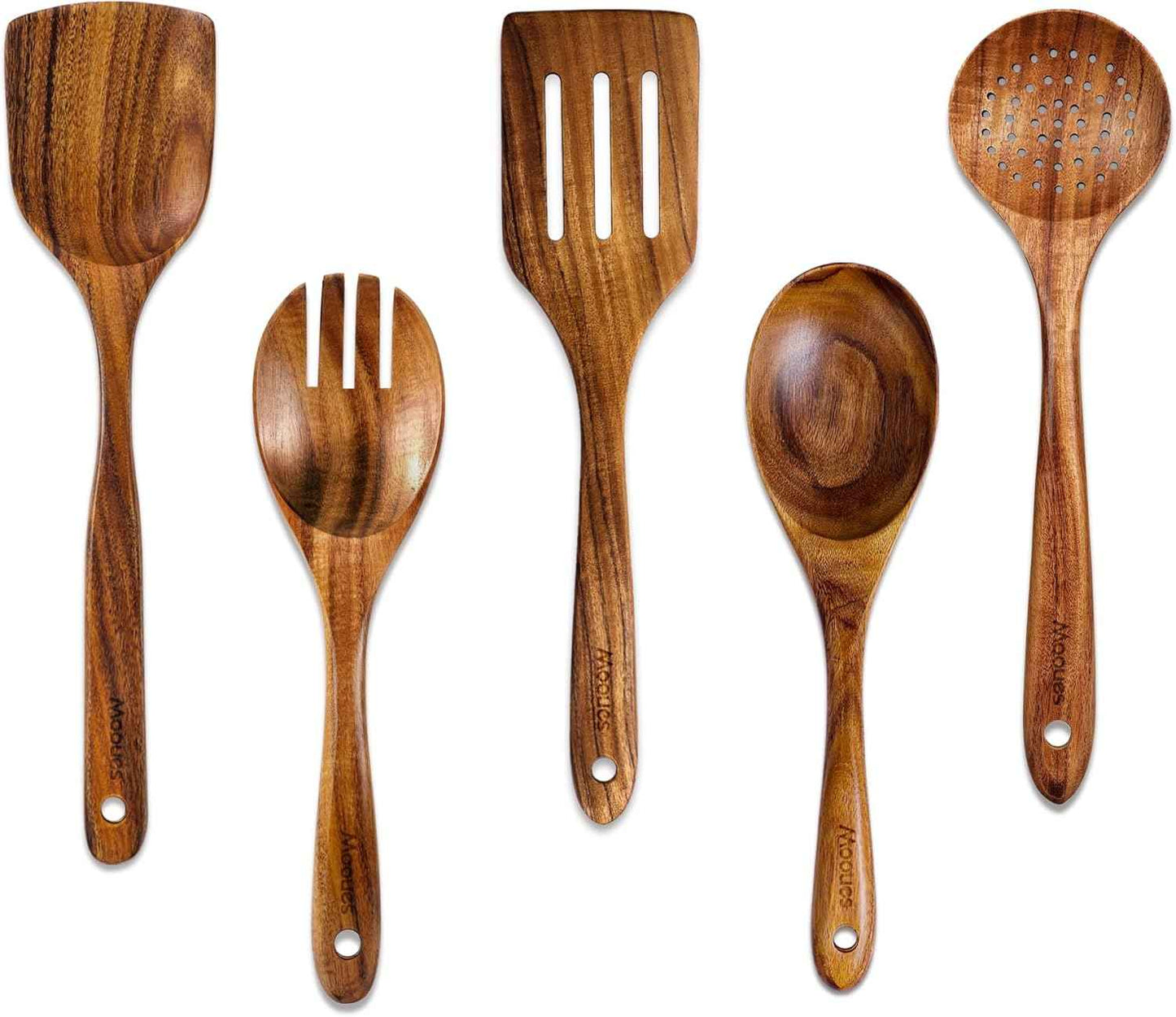 9 Piece Natural Teak Wooden Kitchen Utensil Set with Spoon Rest - Comfort Grip Cooking Spoons and Utensils Holder