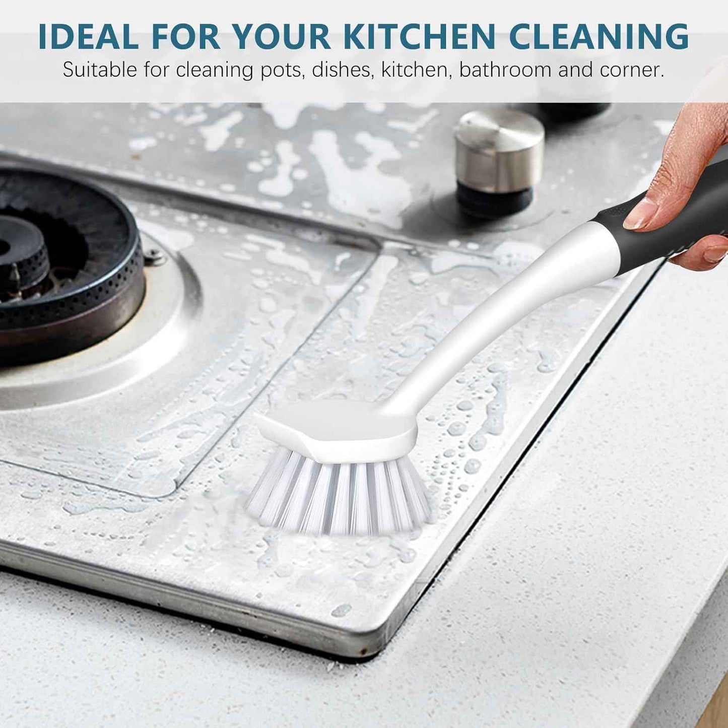 SetSail Dish Brush Set of 3 with Bottle Brush, Dish Scrub Brush with Long Handle Deep Cleaning Handle Brush with Scraper Tip for Kitchen Sink Dishes Bottle Cup Pot and Pans Tile Lines, Black