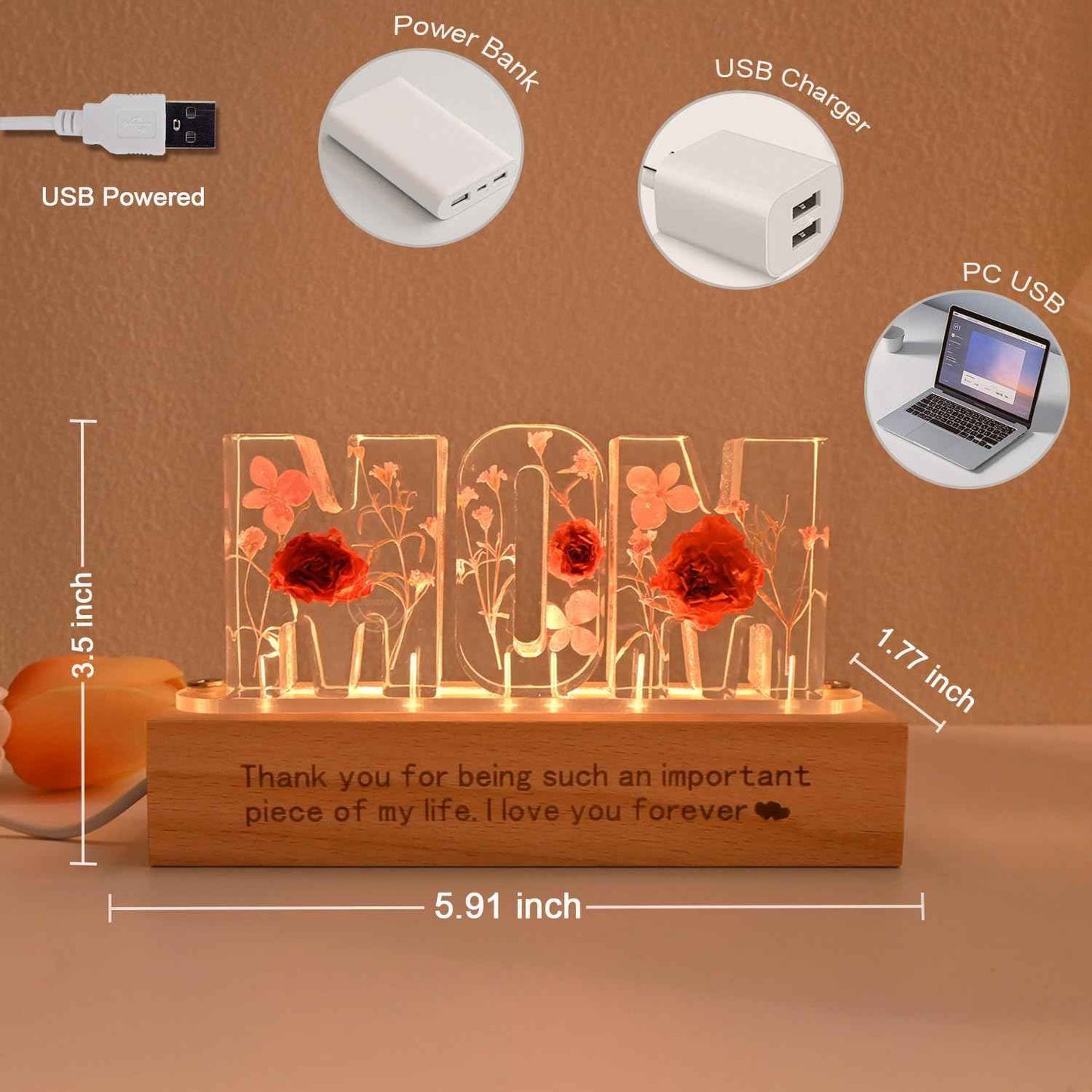 Britrio Gift for Mom Women Grandma Rose Dry Flower Night Light Lamp for Mother's Day Mom Birthday from Son Daughter Dried Pressed Flower Letter Led Light Christmas Gift Home Bedroom Decor