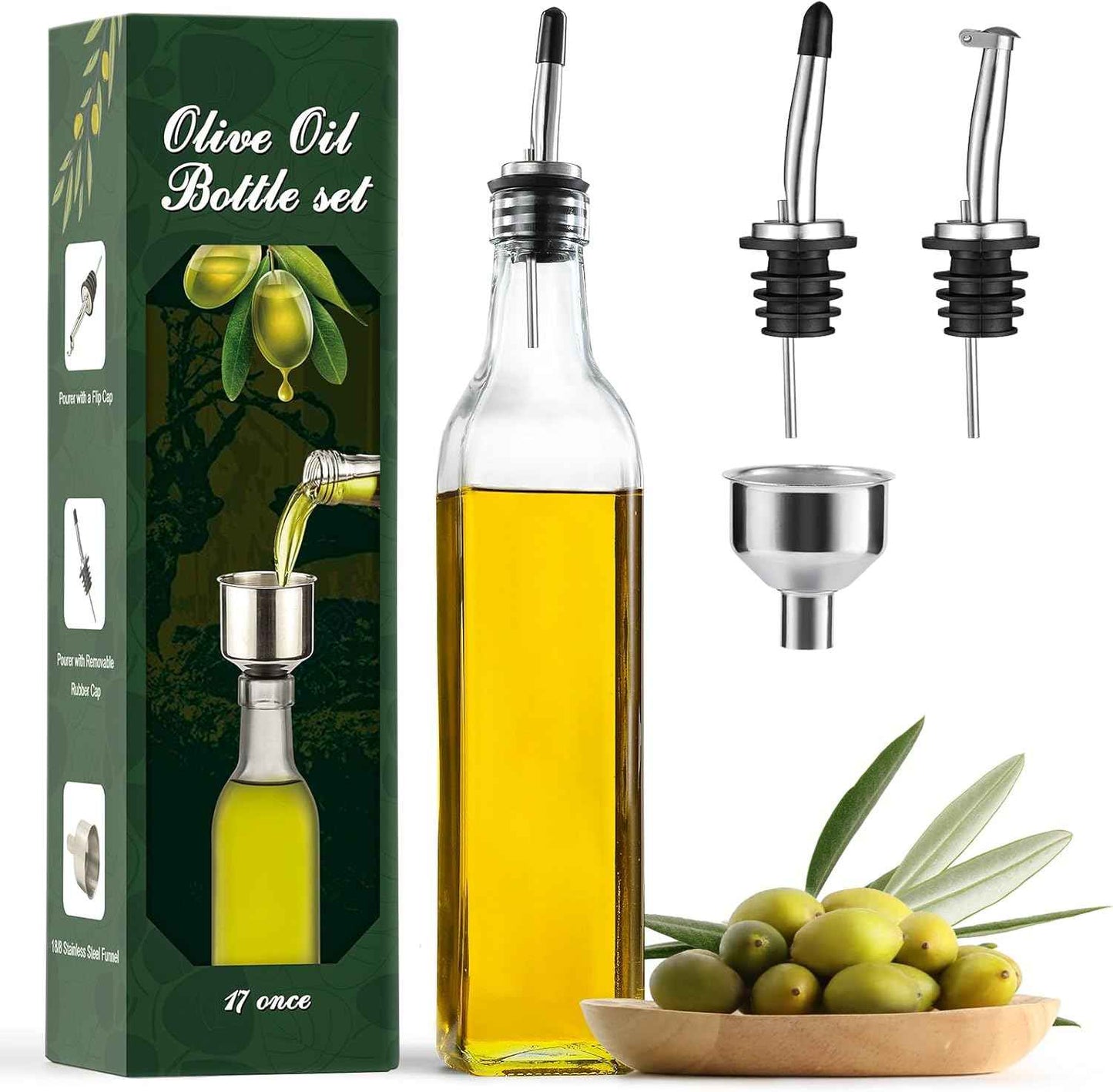 AOZITA 17oz Glass Olive Oil Bottle Dispenser - 500ml Green Oil and Vinegar Cruet with Pourers and Funnel - Olive Oil Carafe Decanter for Kitchen