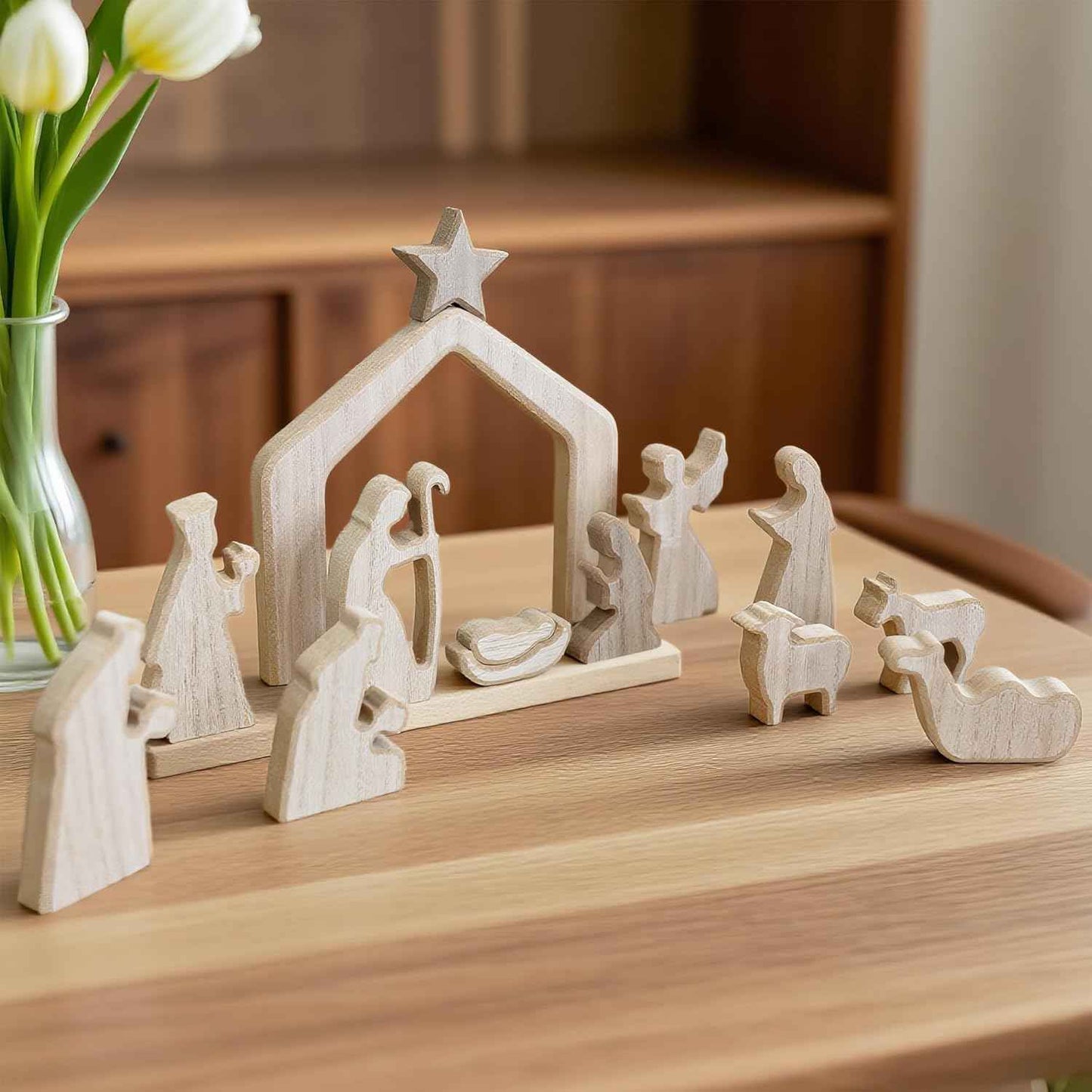 NEROSUN Nativity Scene Set, 13Pcs Wooden Christmas Nativity Scene Miniature Holy Family Figurines, Minimalism Boho Tabletop Christmas Manger Decorations for Indoor Home Mantel Display