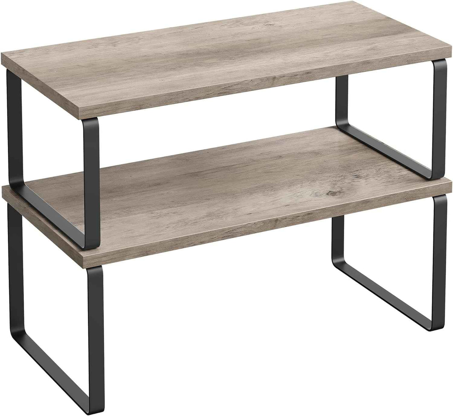 SONGMICS Cabinet Organizer Shelf, Set of 2 Kitchen Counter Shelves, Kitchen Storage, Spice Rack, Stackable, Expandable, Metal and Engineered Wood, Ink Black and Natural Beige UKCS02NB