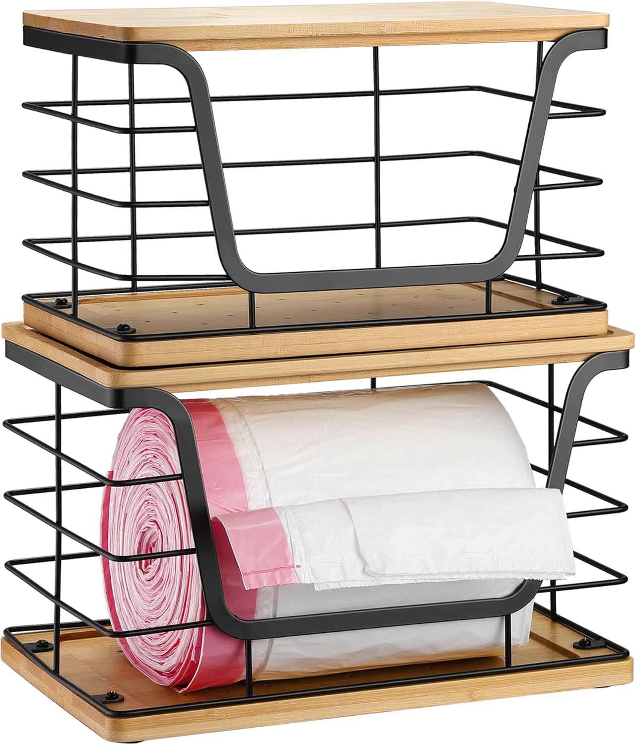 ALOCEO 2 Pack Storage Stackable Kitchen Laundry Organizers with Bamboo Top, Large Trash Bag Holder and Small Garbage Bag Dispenser for Countertop Organization