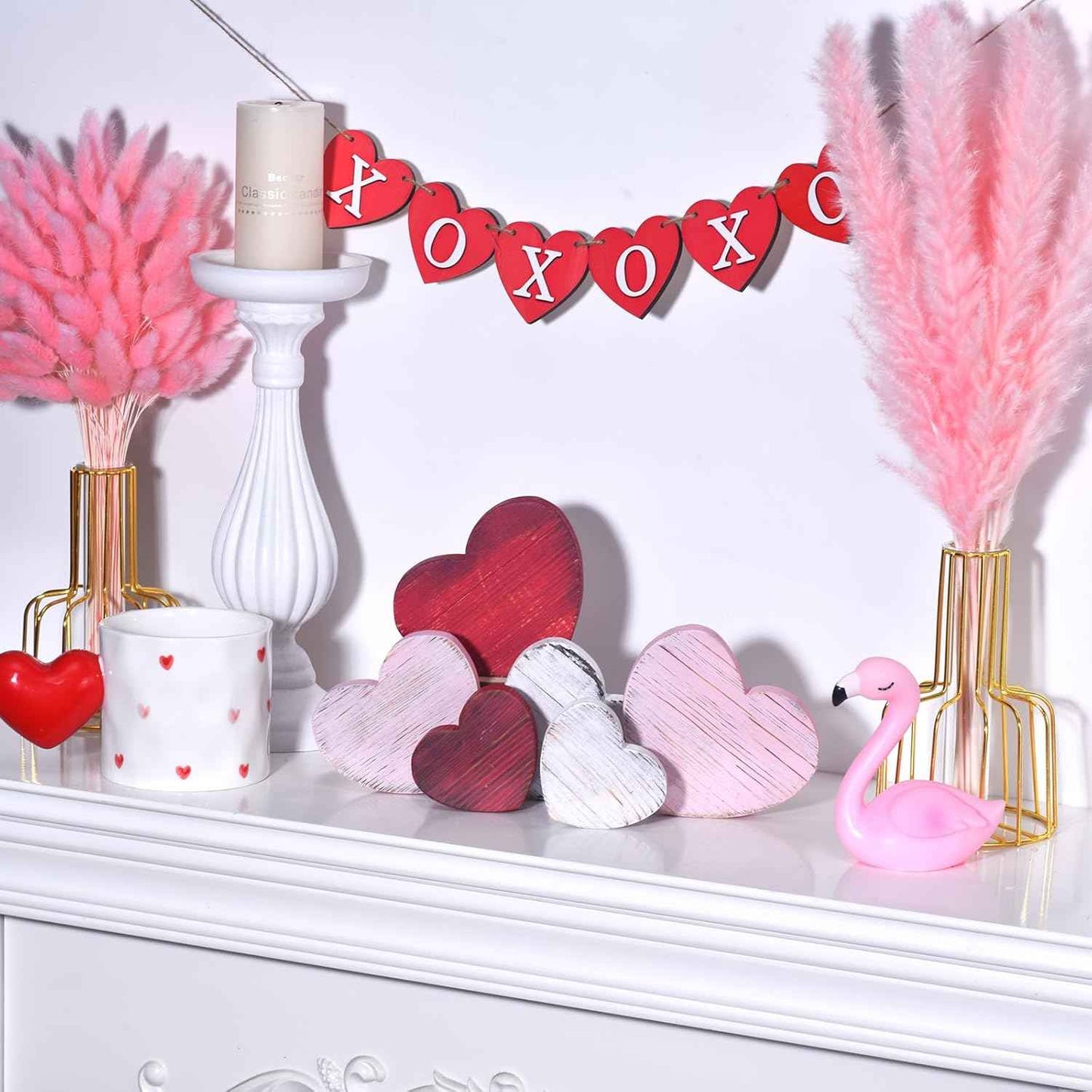 6PCS Valentine's Day Wooden Heart Block Set, Rustic Valentines Day Decorations for Tiered Tray Decor, Candy Heart Valentines Table Decor, Wooden Hearts Decor for Valentine's Day Centerpiece (6PCS)