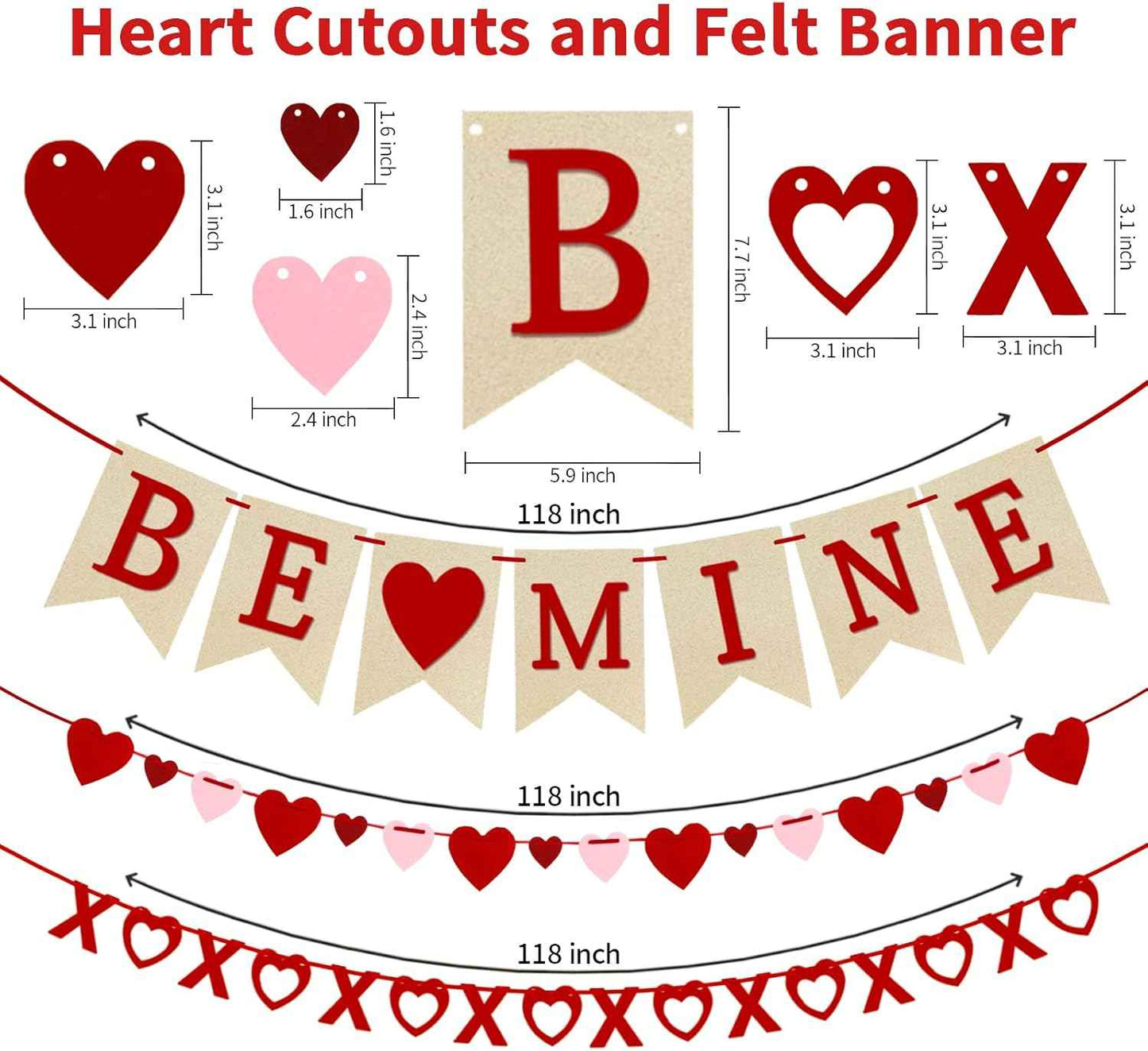 4Pcs Valentines Day Decorations Valentines Day Decor No DIY Required Handmade BE Mine Love Heart XO Garlands Banner for Home Wedding Party Anniversary