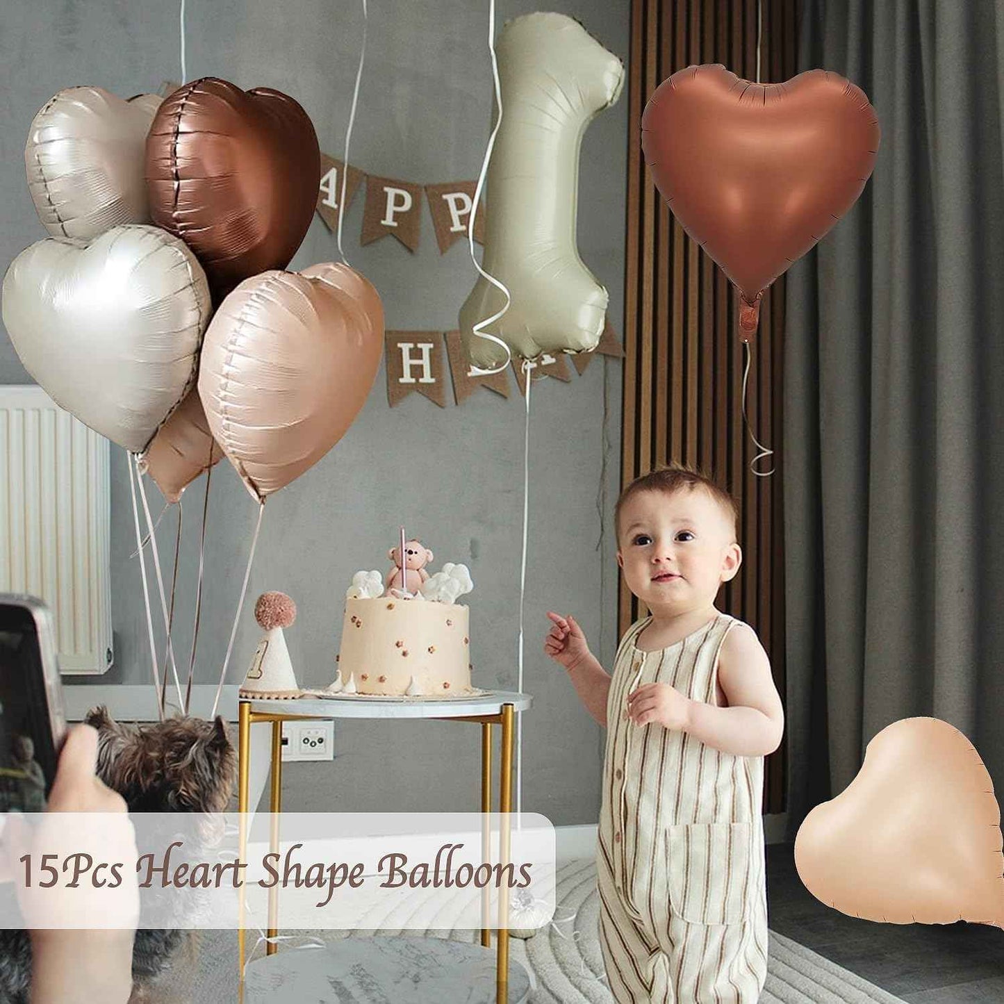Brown Cream Heart Shape Foil Balloons -15PCS- for Valentine's Day Decorations, 'I Love You' Balloons, Romantic Decorations for Special Night (18inch)