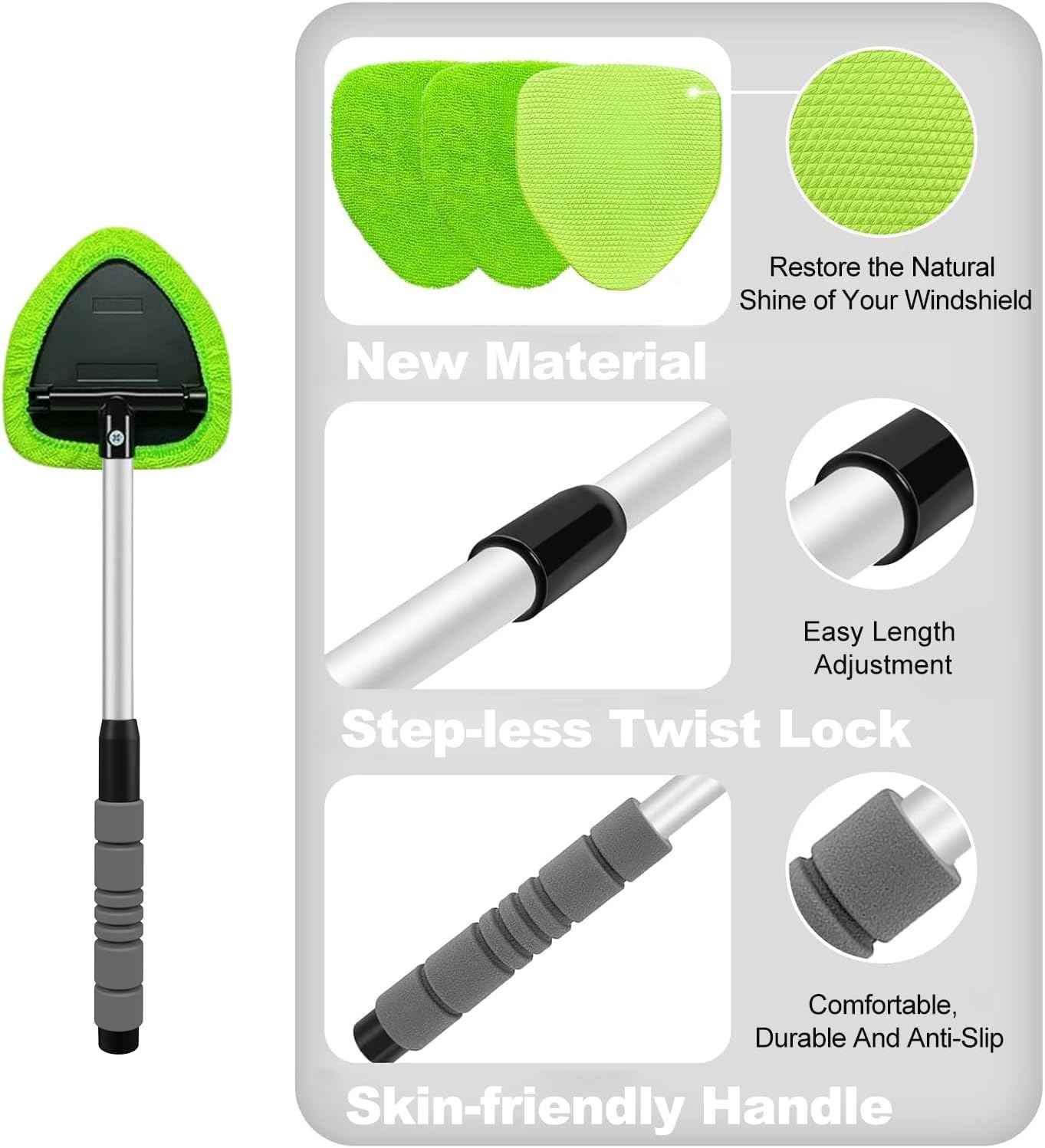 XINDELL Windshield Cleaner Tool – Car Interior Window Cleaning Kit with Extendable Handle & 4 Microfiber Pads, Auto Wiper Inside Windshield Brush for Car & Home Windows