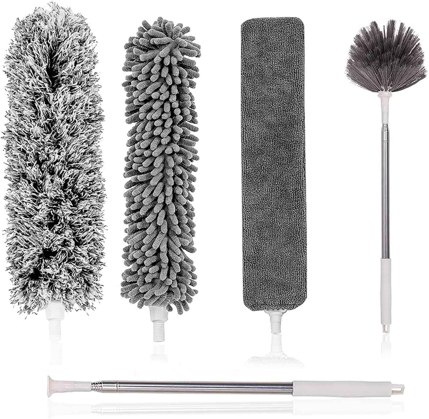 Microfiber Feather Duster 5-in-1 Kit, Dusters for Cleaning, Duster with Extension Pole 100 Inches, Cobweb Duster, Microfiber Dusters for High Ceilings and Fans, Blinds, Cars and Furniture