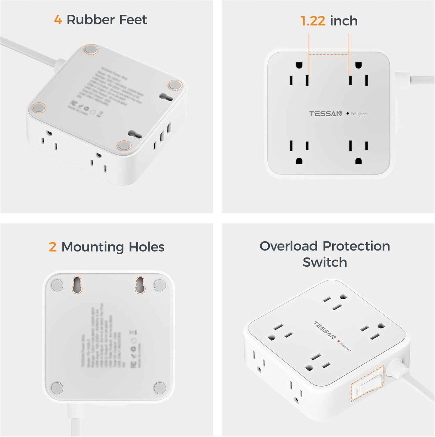 TESSAN Surge Protector Power Strip, 5 Ft Flat Plug Extension Cord with 3 USB (1 USB C) 8 Outlets, 900J Surge Protection, 3 Sided Outlet Extender with Power Switch for Office, Dorm Room Essentials