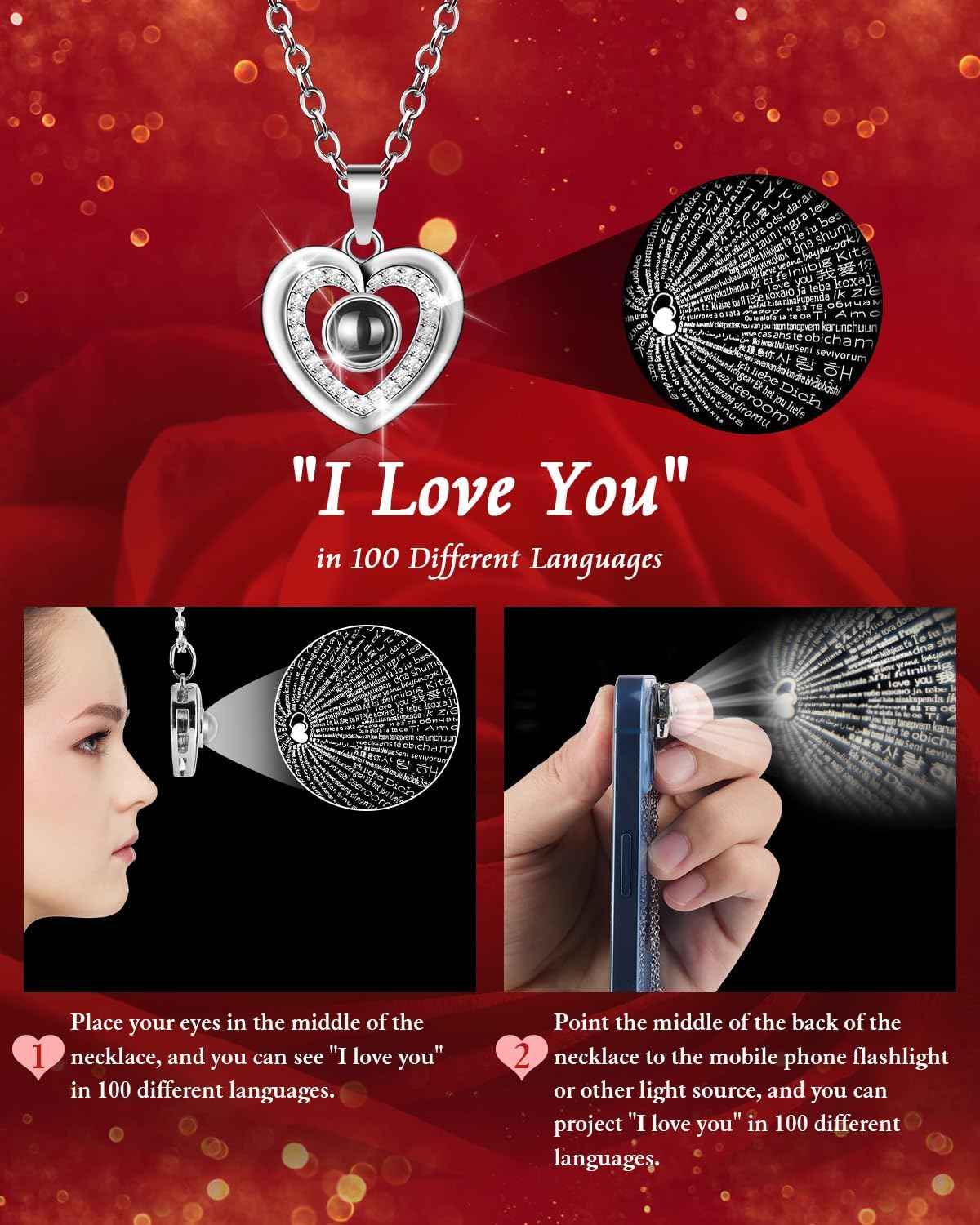 Preserved Red Forever Rose Heart Necklace Gift Box, Eternal Flowers "I Love You" Projection Jewelry for Women, Romantic Christmas Valentines Day Anniversary Birthday Gift for Her(Wife Girlfriend Mom)