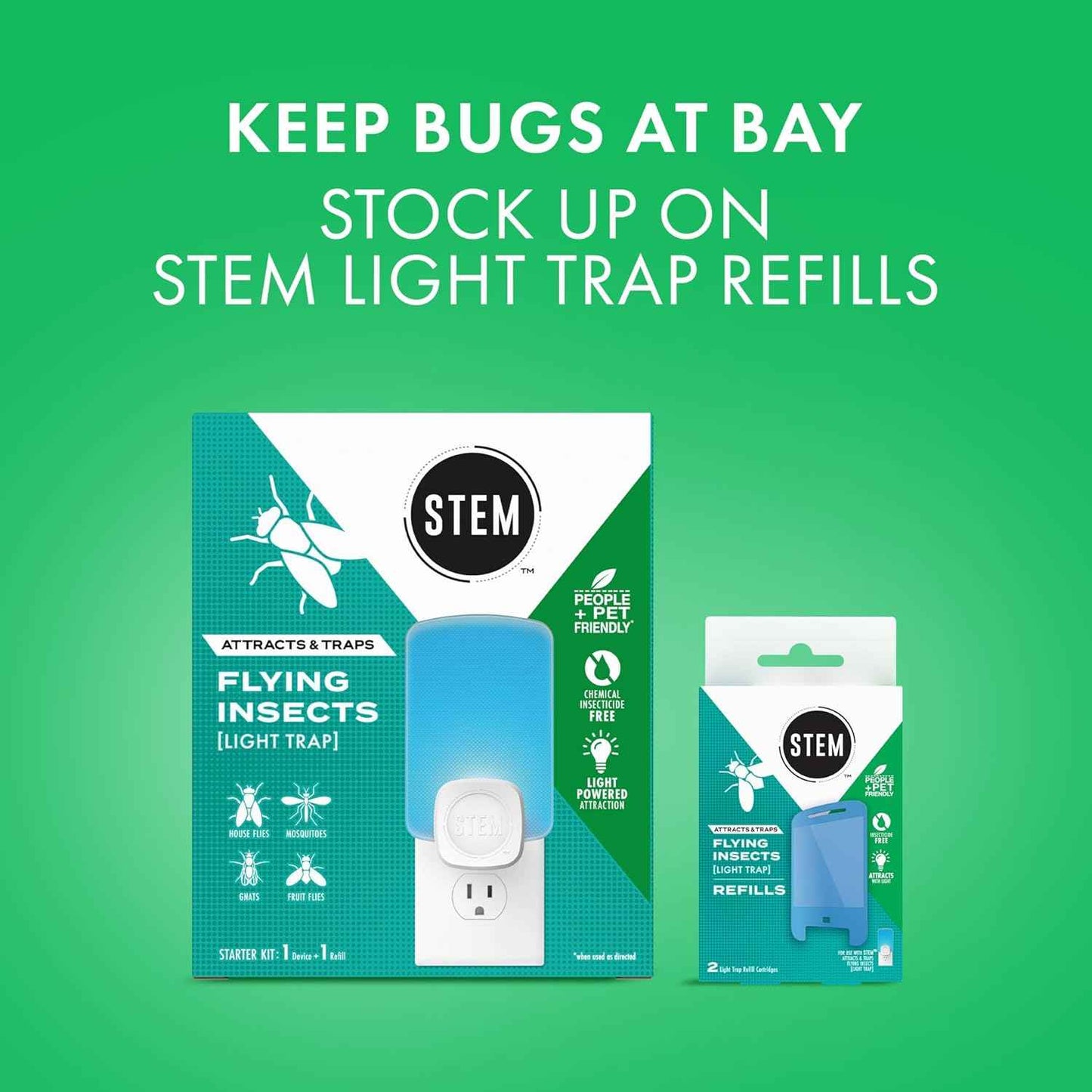 STEM Light Trap: Indoor Fruit Fly Trap, Effective Insect Control for Home, Attracts and Traps Flying Insects, Emits Soft Blue Light, Starter Kit with 2 Plug-In Devices and 2 Cartridges