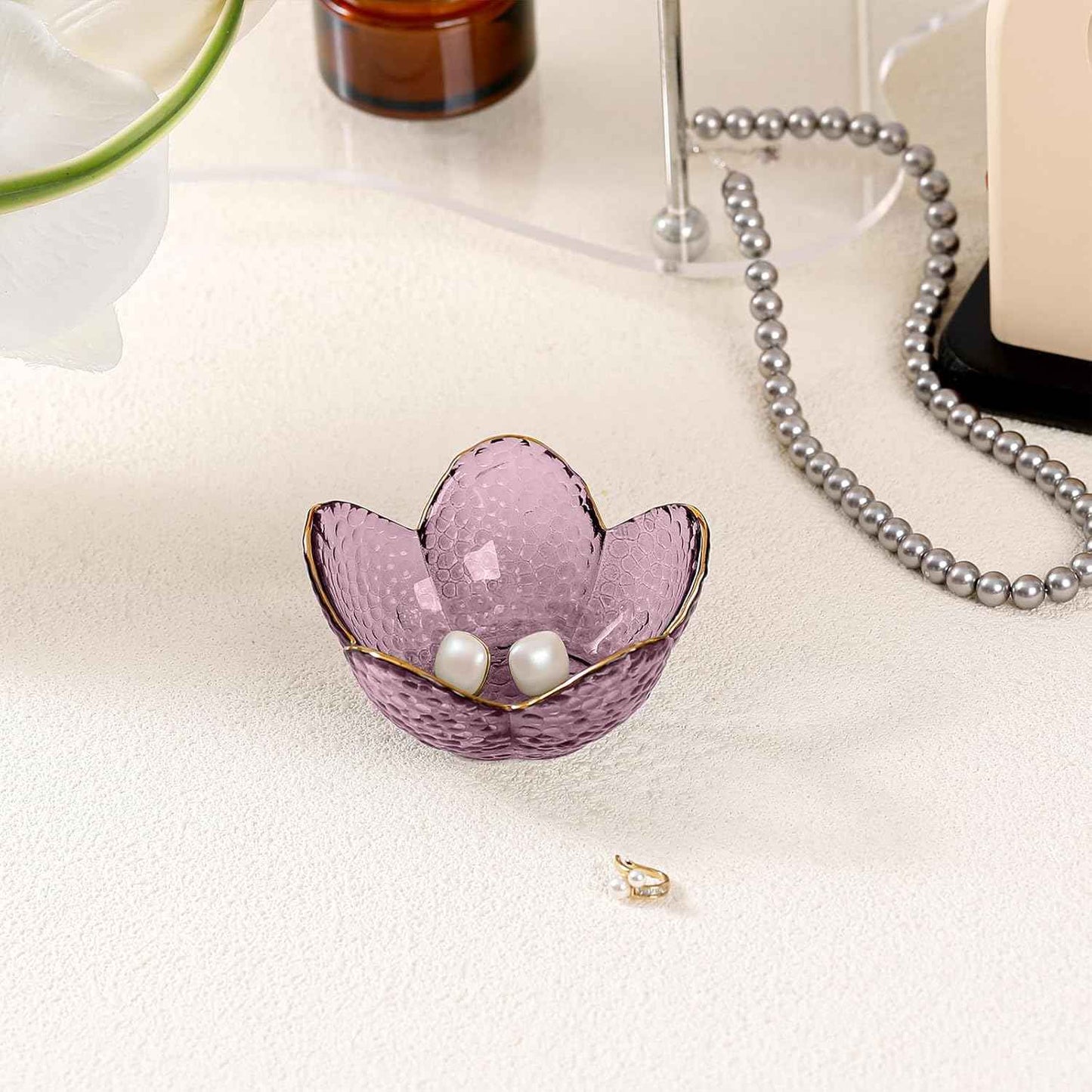 Purple Flower Jewelry Dish Glass Ring Holder Dish Jewelry Tray Cute Vanity Organizer Aesthetic Nightstand Bathroom Room Decor Trinket Dish Valentine's Friendship Christmas Birthday Gifts for Women
