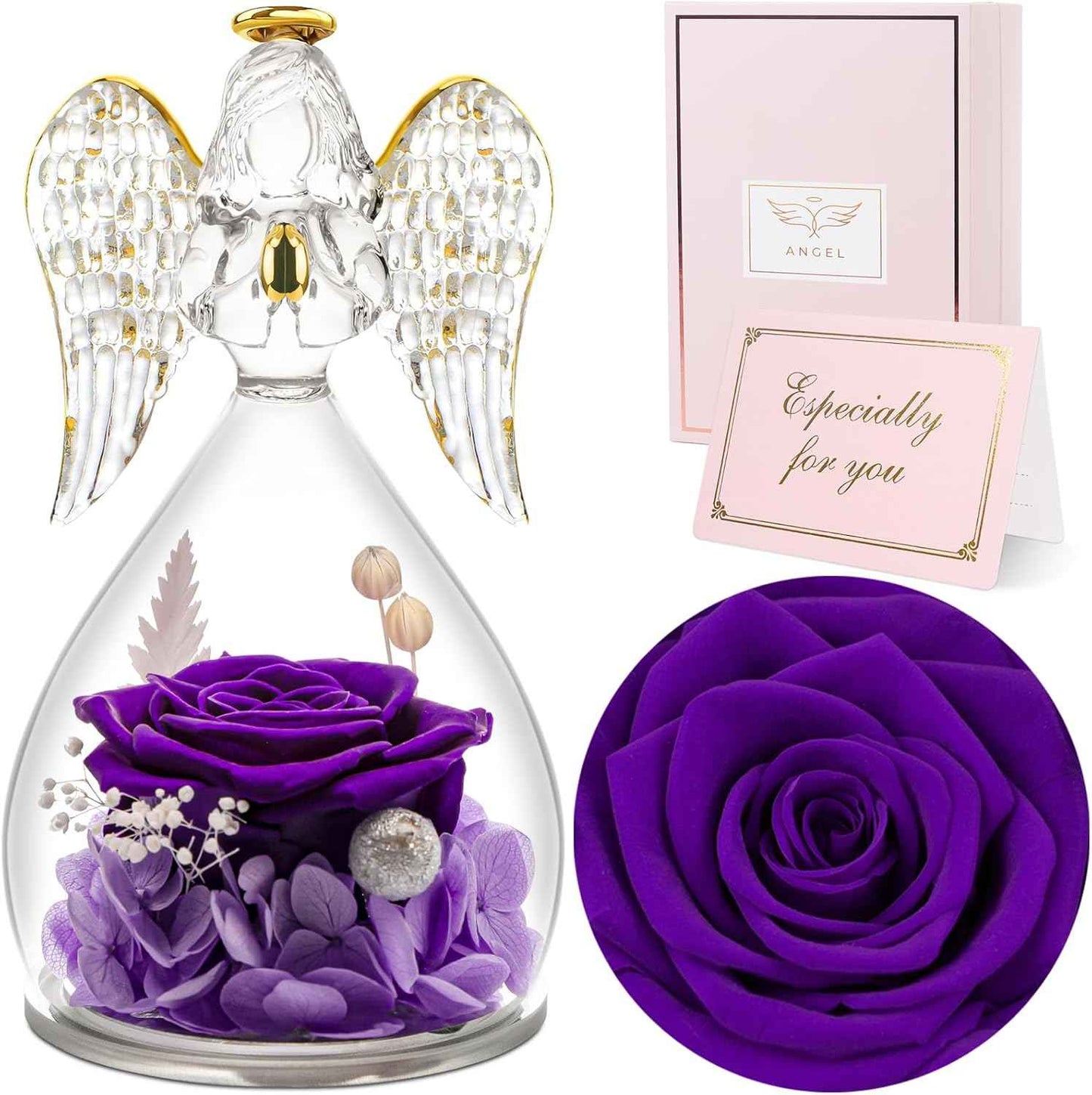 Sunia Valentines Day Rose Gifts for Women, Birthday Gifts for Mom Grandma, Forever Preserved Flower in Glass Angel Figurines Flowers for Delivery Prime, Mothers Day Real Roses for Her Wife
