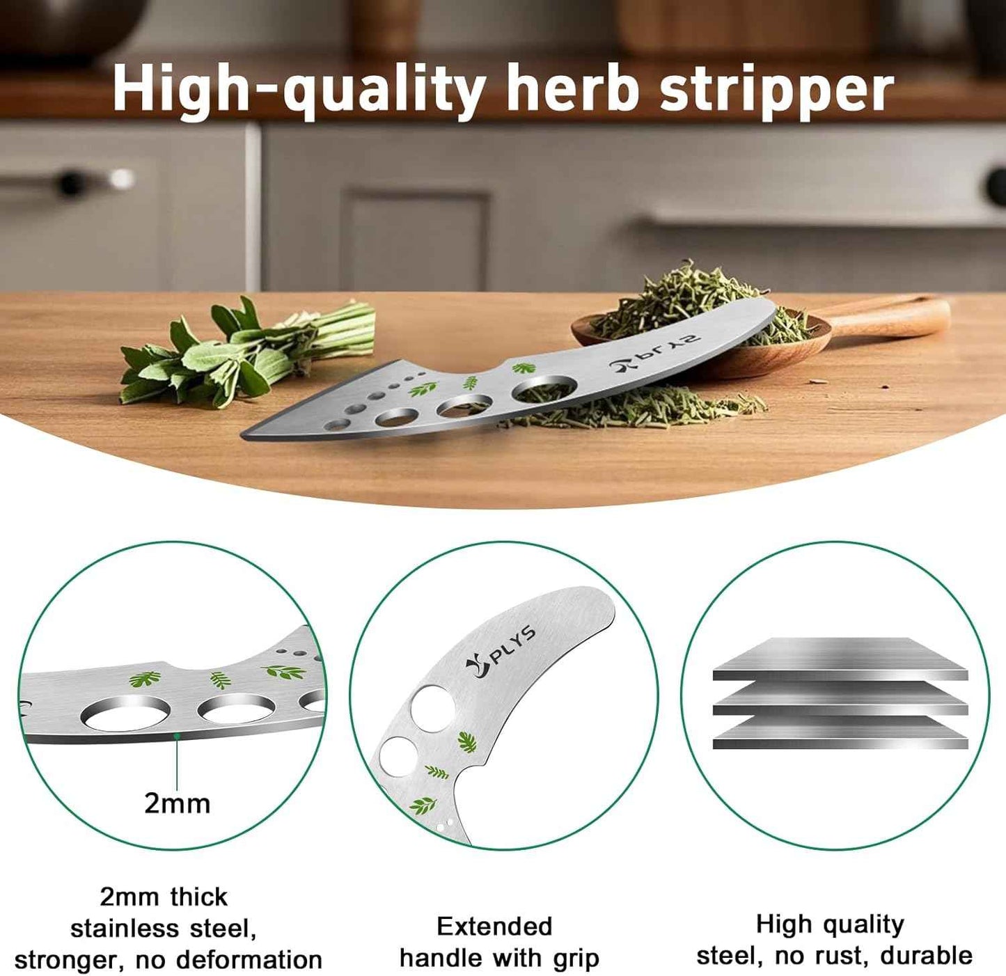 Plys Herb Stripper Tool with 9 Holes - Stainless Steel Kitchen Stripper, Herb Leaf Peeler for Kale, Chard, and Greens, 2025 Professional