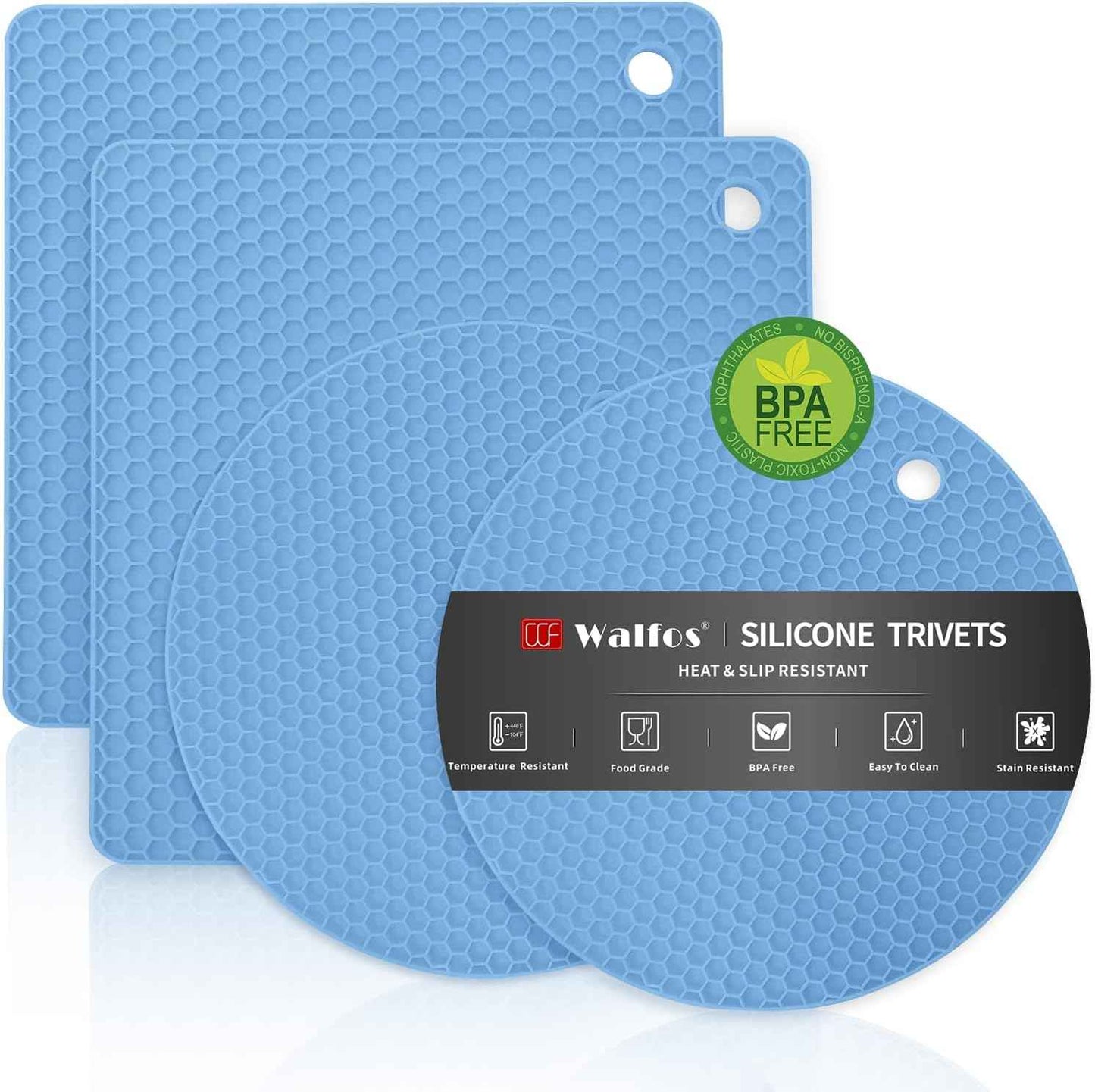 Walfos Silicone Trivet Mats - 4 Heat Resistant Pot Holders, Multipurpose Non-Slip Hot Pads for Kitchen Potholders, Hot Dishers, Jar Opener, Spoon Holder, Food Grade Silicone & BPA Free (Black)