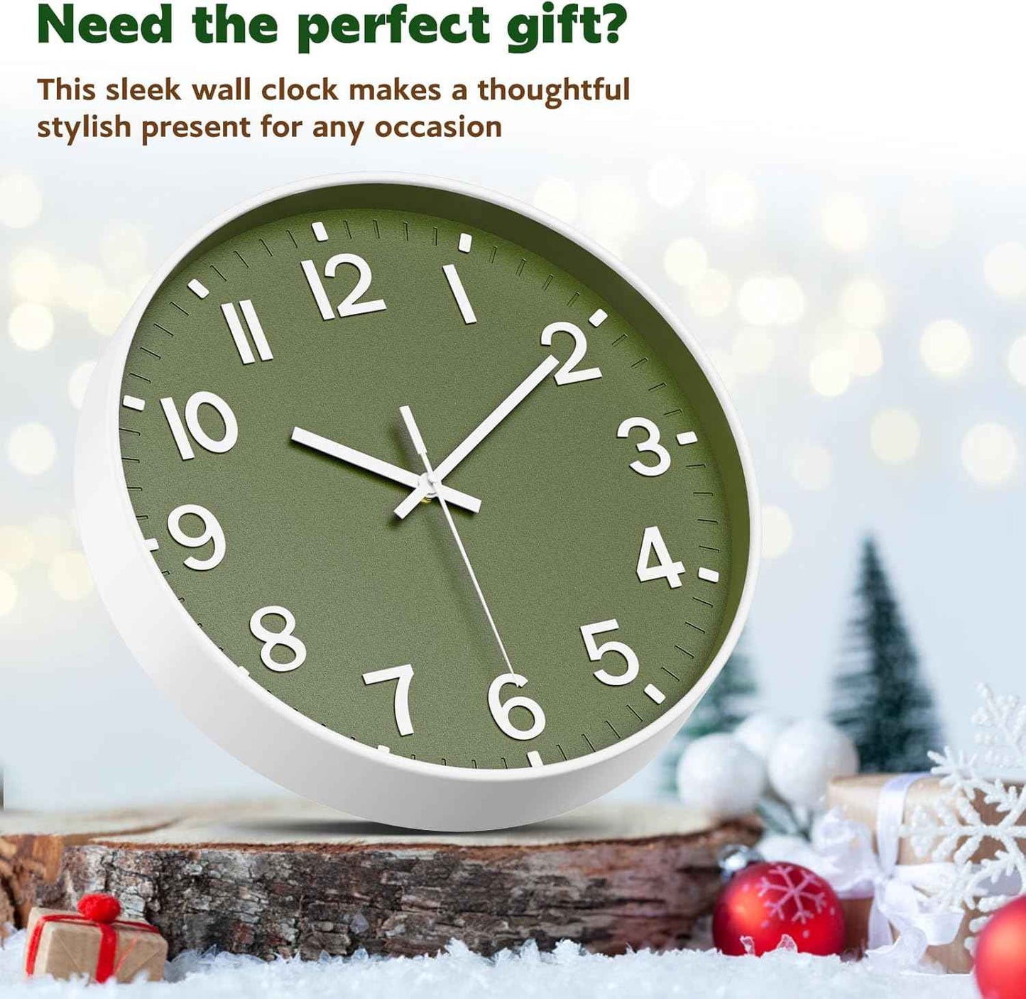Silent Wall Clock Non-Ticking Battery Operated – Modern Olive Green Analog Wall Clock for Living Room, Kitchen, Office, Bedroom – Stylish Home Wall Decor Clock, 8 Inch