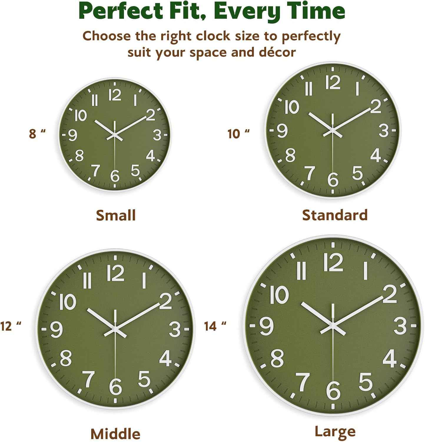 Silent Wall Clock Non-Ticking Battery Operated – Modern Olive Green Analog Wall Clock for Living Room, Kitchen, Office, Bedroom – Stylish Home Wall Decor Clock, 8 Inch