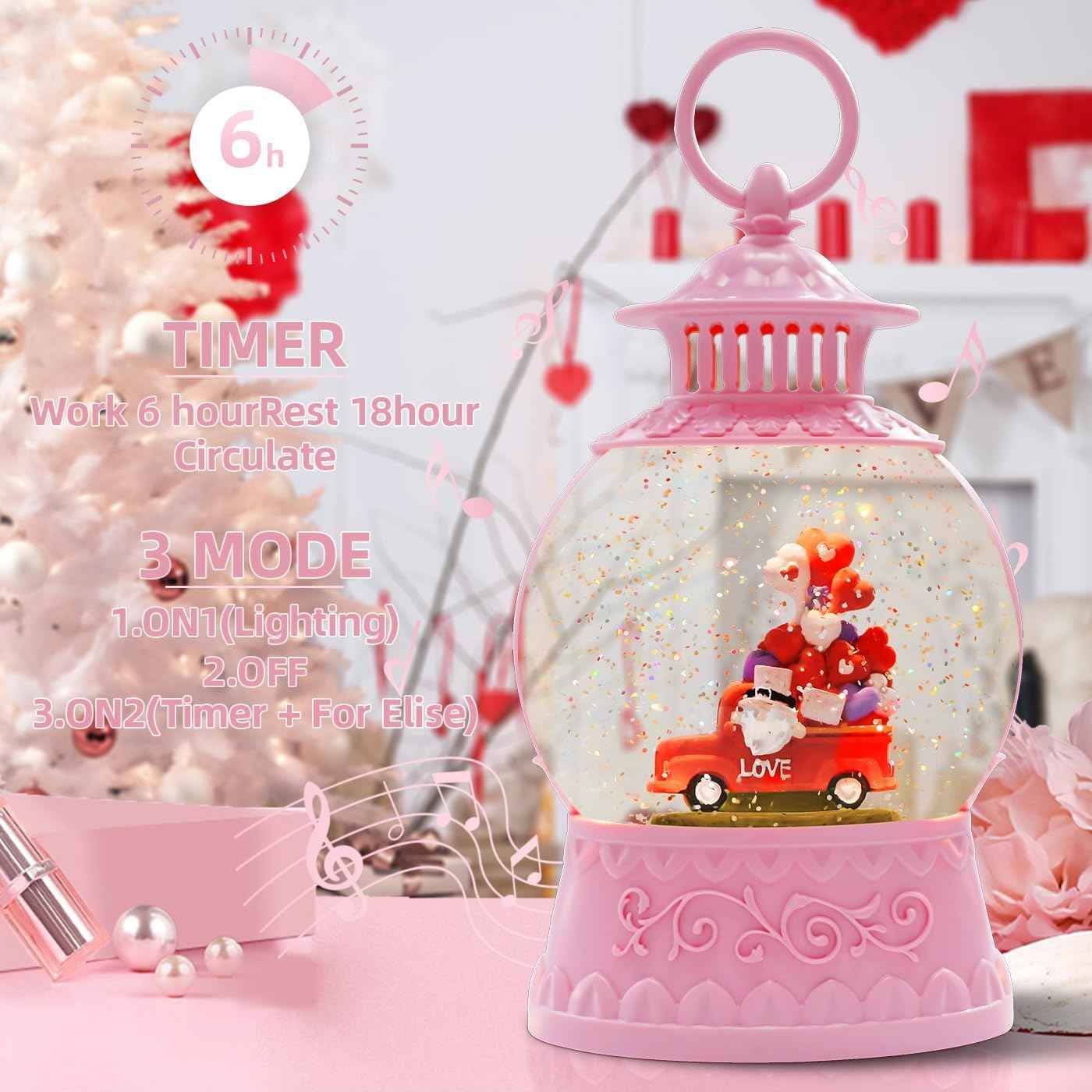 Valentine Day Red Truck Snow Globe Musical Decor,Valentines Day Couple Red Truck Light Up Snow Globe 6H Timer, USB/Battery Operated,Valentines Day Gifts for Her, Teacher, Girls