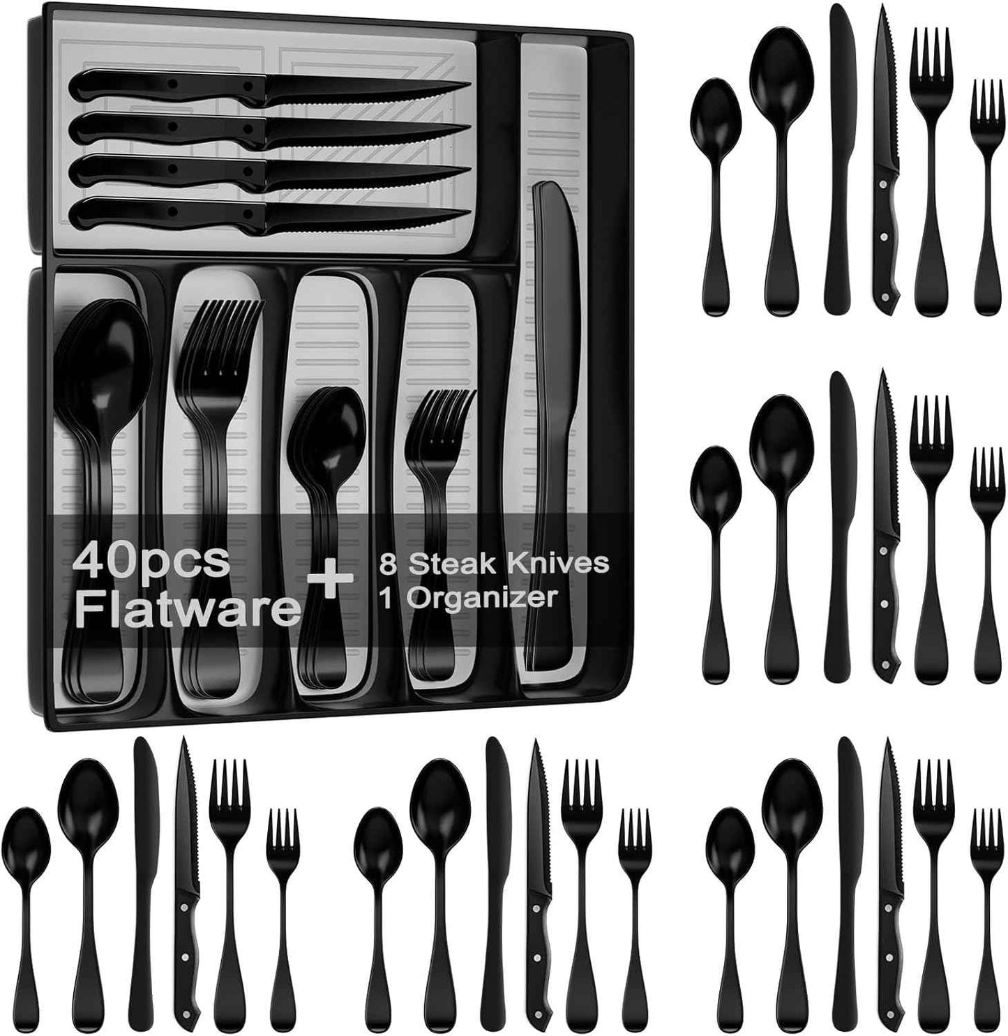 49-Piece Stainless Steel Silverware Set with Cutlery Organizer, Service for 8 with Steak Knives and Kitchen Utensils