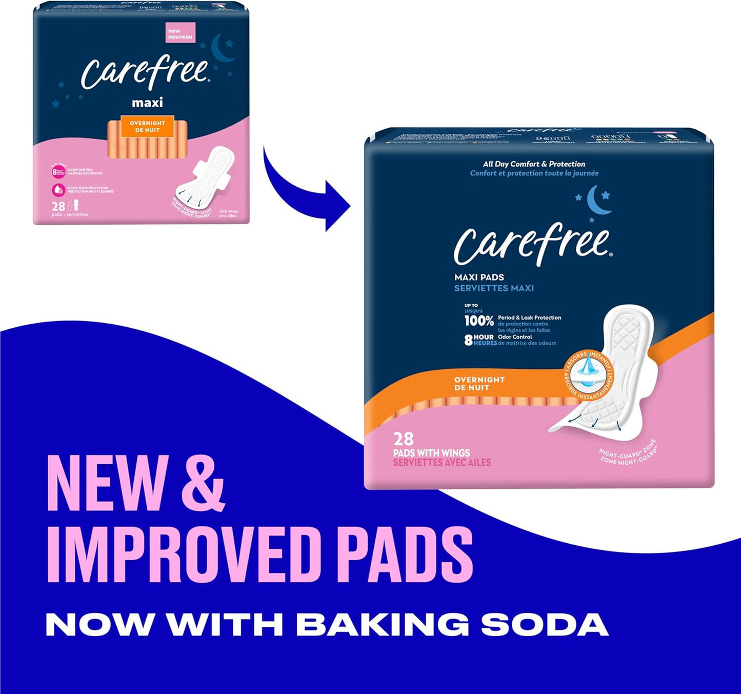 Carefree Maxi Pads for Women, Overnight Pads with Wings, 28ct | Carefree Pads, Feminine Care, Period Pads & Postpartum Pads | 28ct (Pack of 1)