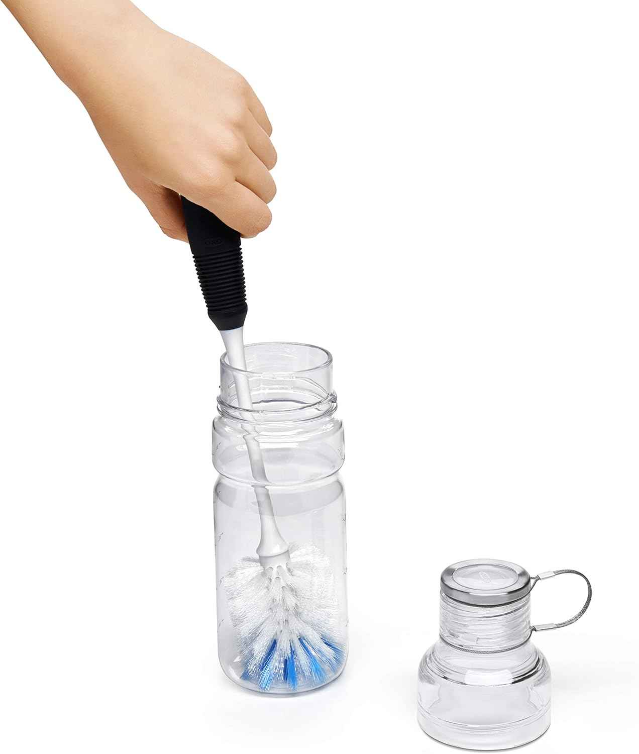 OXO Good Grips Bottle Brush, Dual-Bristle Cleaning for Bottles, Pitchers and Carafes, Flexible Neck Scrub Brush, Safe for Stemware and Delicate Glassware, Dishwasher Safe