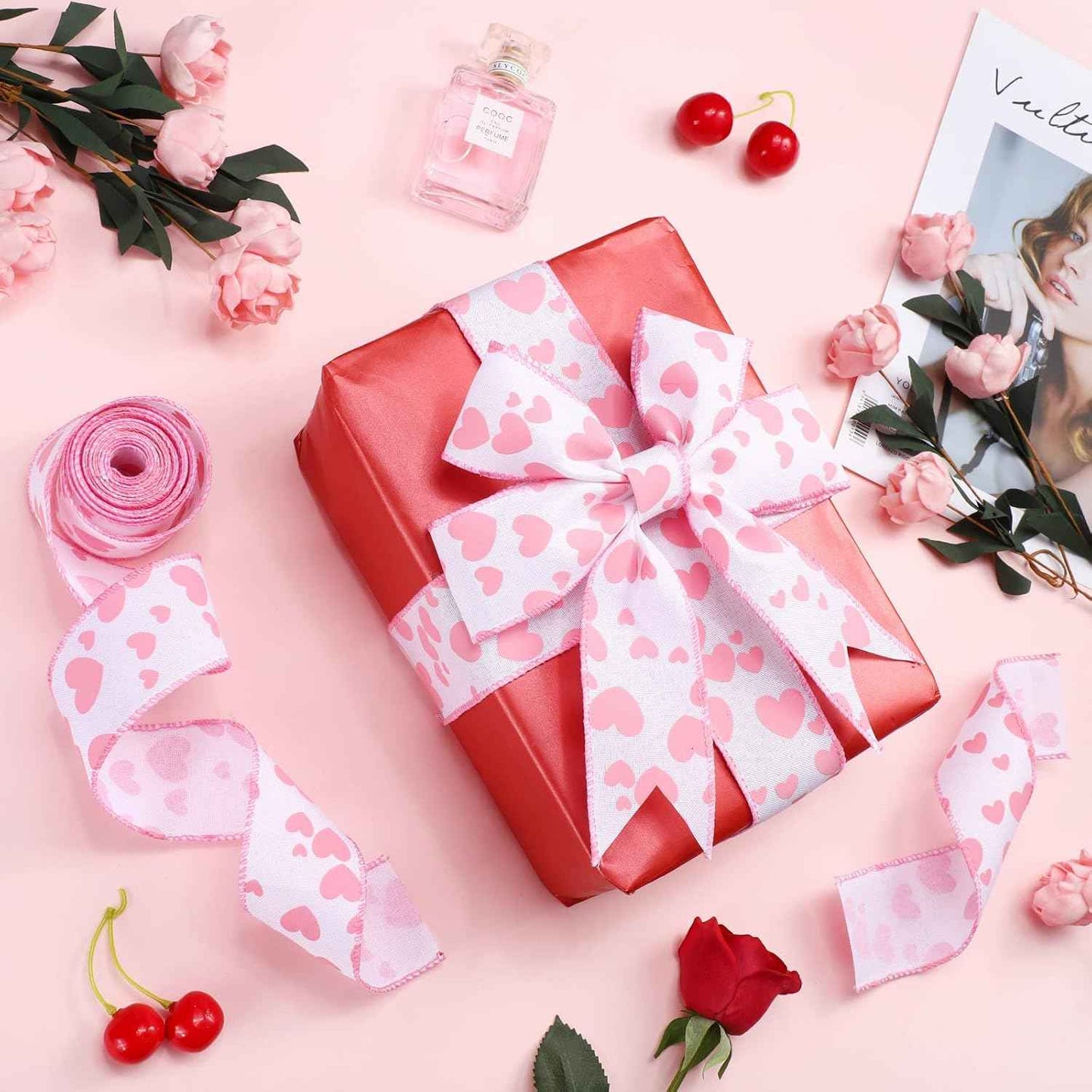 Dingion Valentine's Day Burlap Wired Ribbon 2 Rolls 12 Yards Heart Printed Love Edge Ribbon 2.5 in Patterned Hearts for Favor Wrapping Wreaths Craft Prensent Wrapping Decorative (Pink)